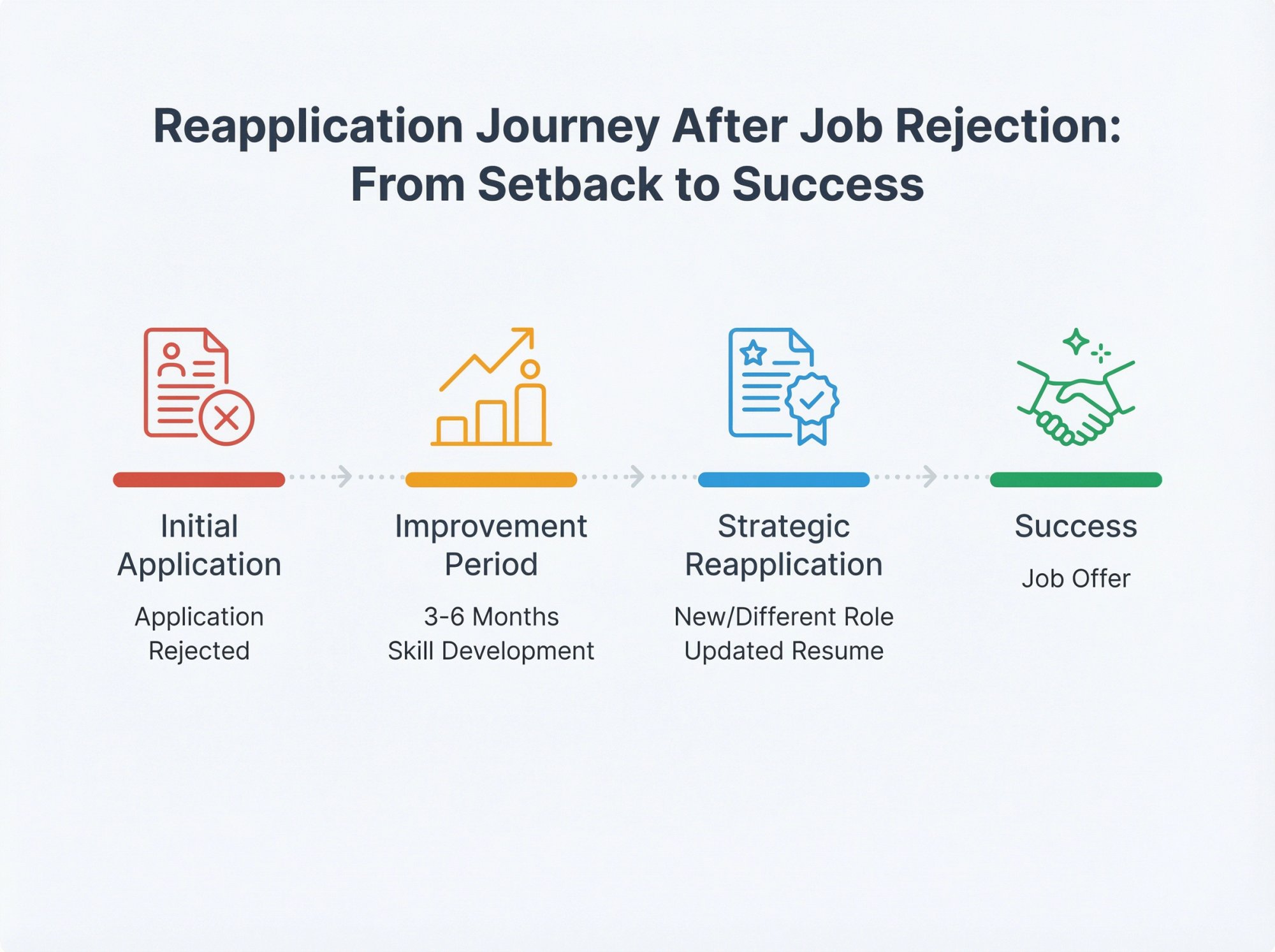 Timeline showing the successful reapplication journey from initial rejection through skill improvement to eventual job offer