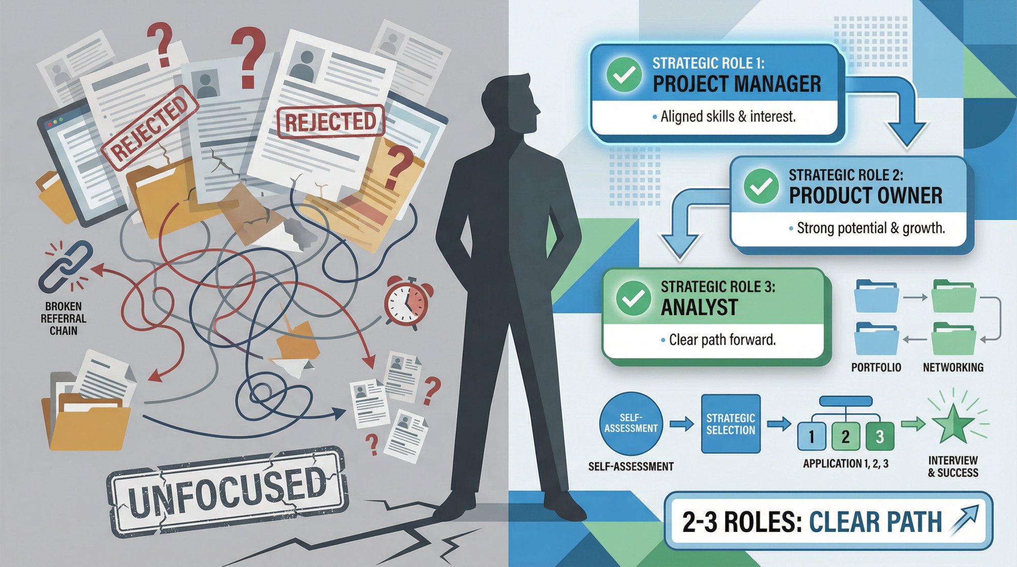 Split-panel illustration contrasting chaotic multiple job applications with strategic, organized approach