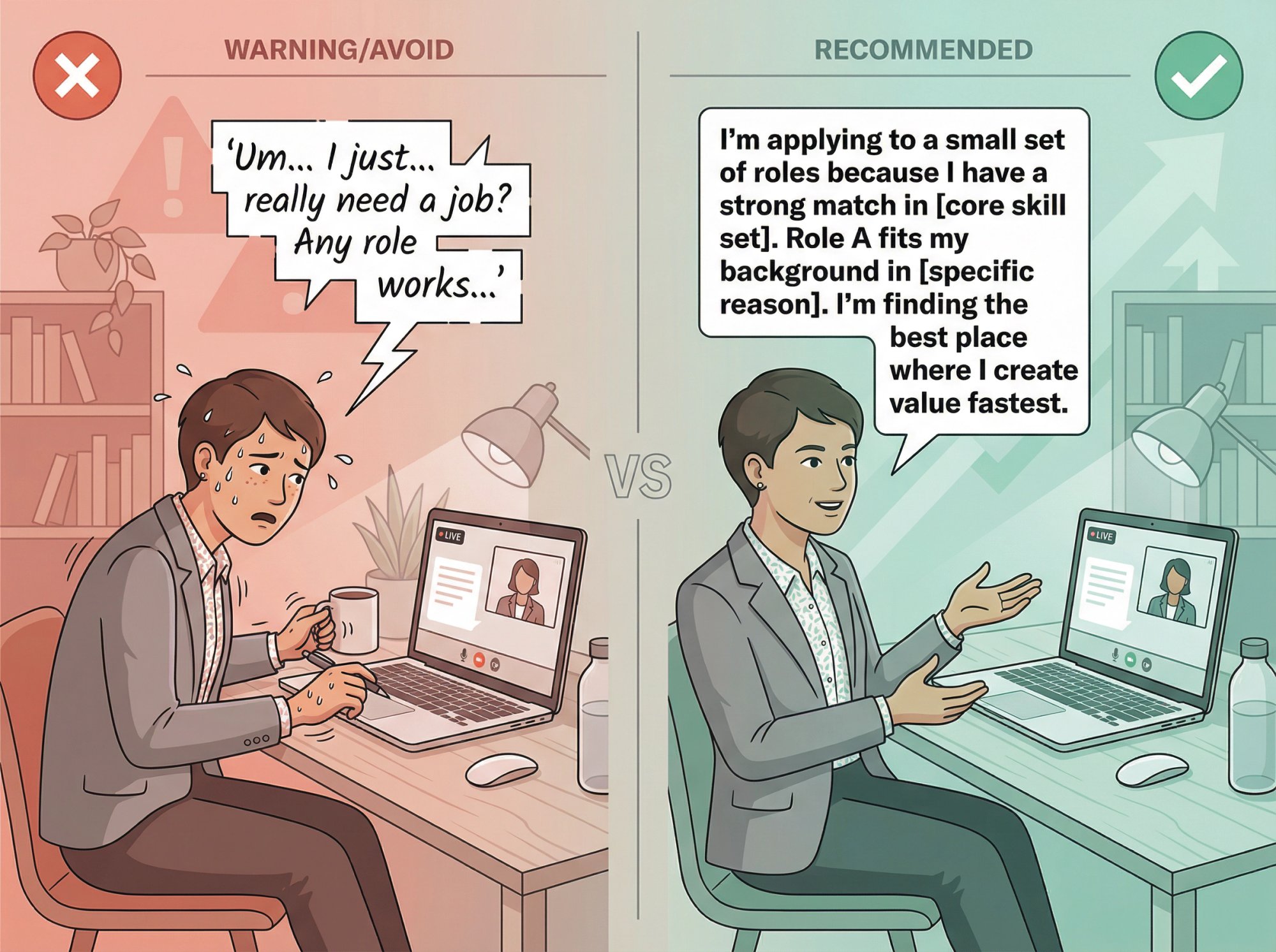 Split-panel illustration showing wrong vs. right way to answer questions about multiple job applications during an interview