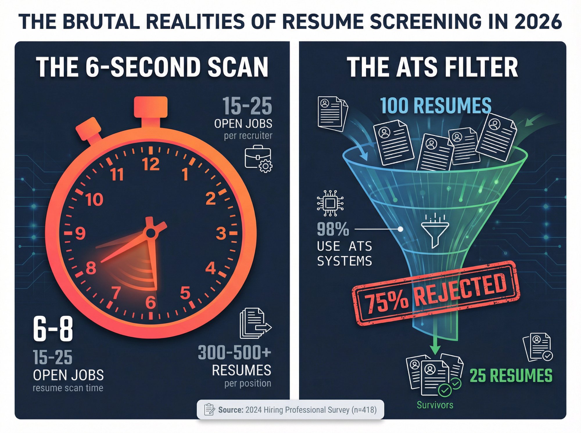 Infographic showing recruiter scanning time (6-8 seconds) and ATS rejection rate (75%) with stopwatch and funnel visual