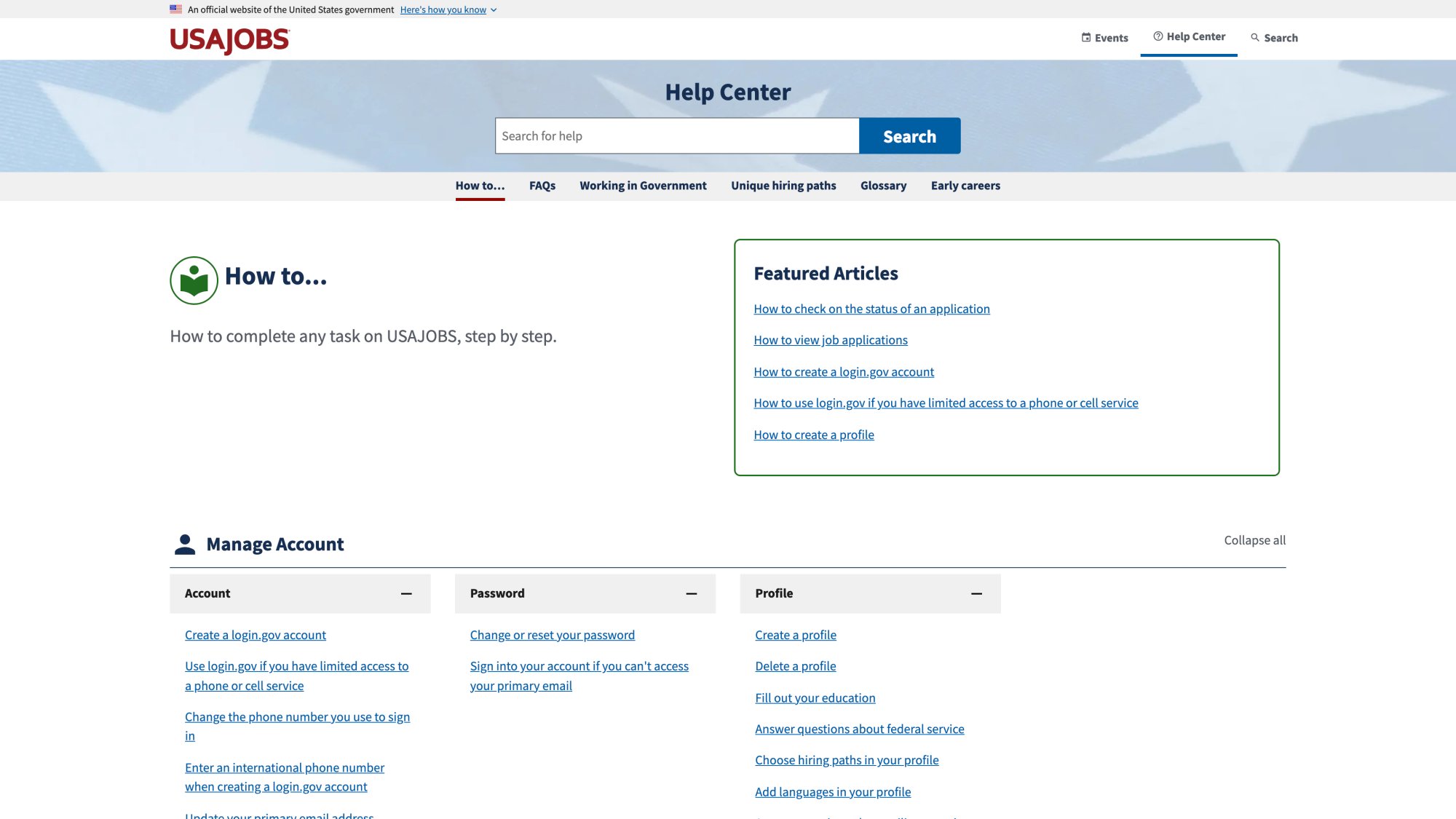 USAJobs Help Center showing official federal government job application resources