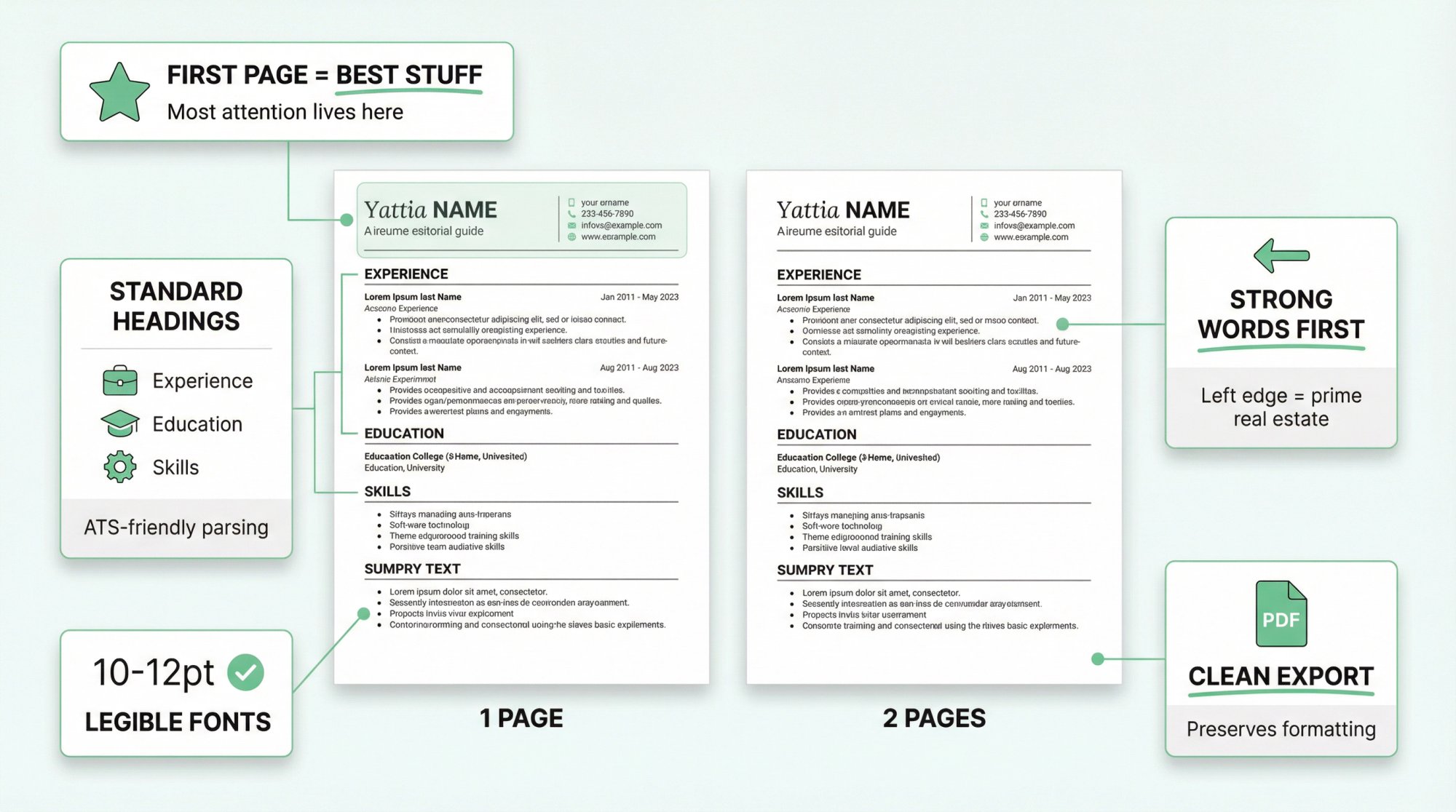 Resume formatting best practices showing first-page prioritization, standard headings, and legibility guidelines