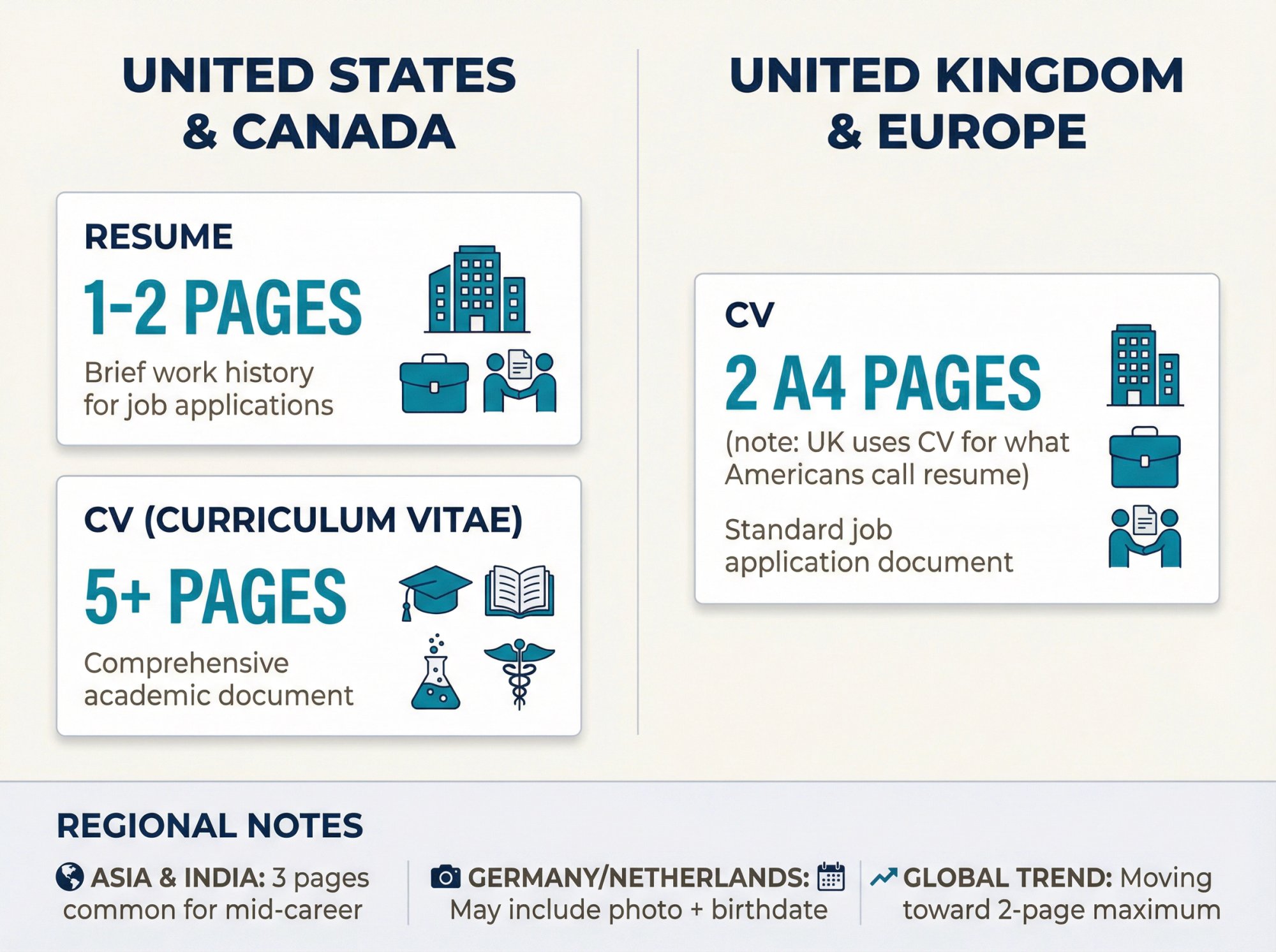Side-by-side comparison showing US vs UK resume/CV terminology and length standards with regional expectations
