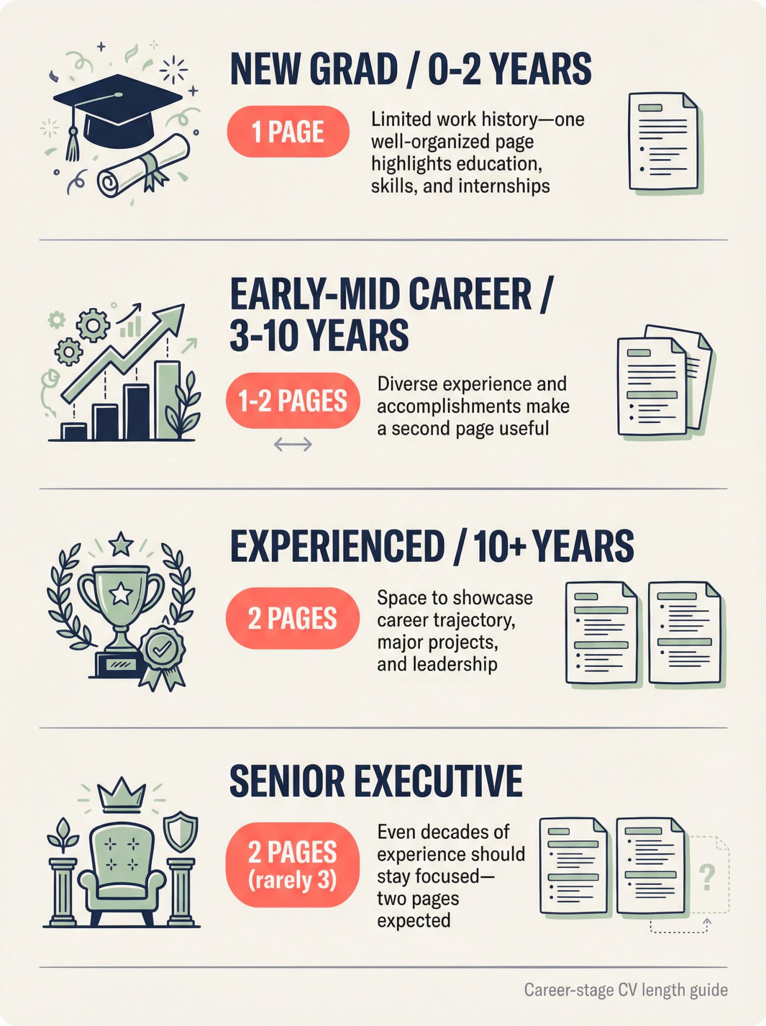 Visual guide showing recommended CV lengths by career stage from new graduate (1 page) to senior executive (2 pages)