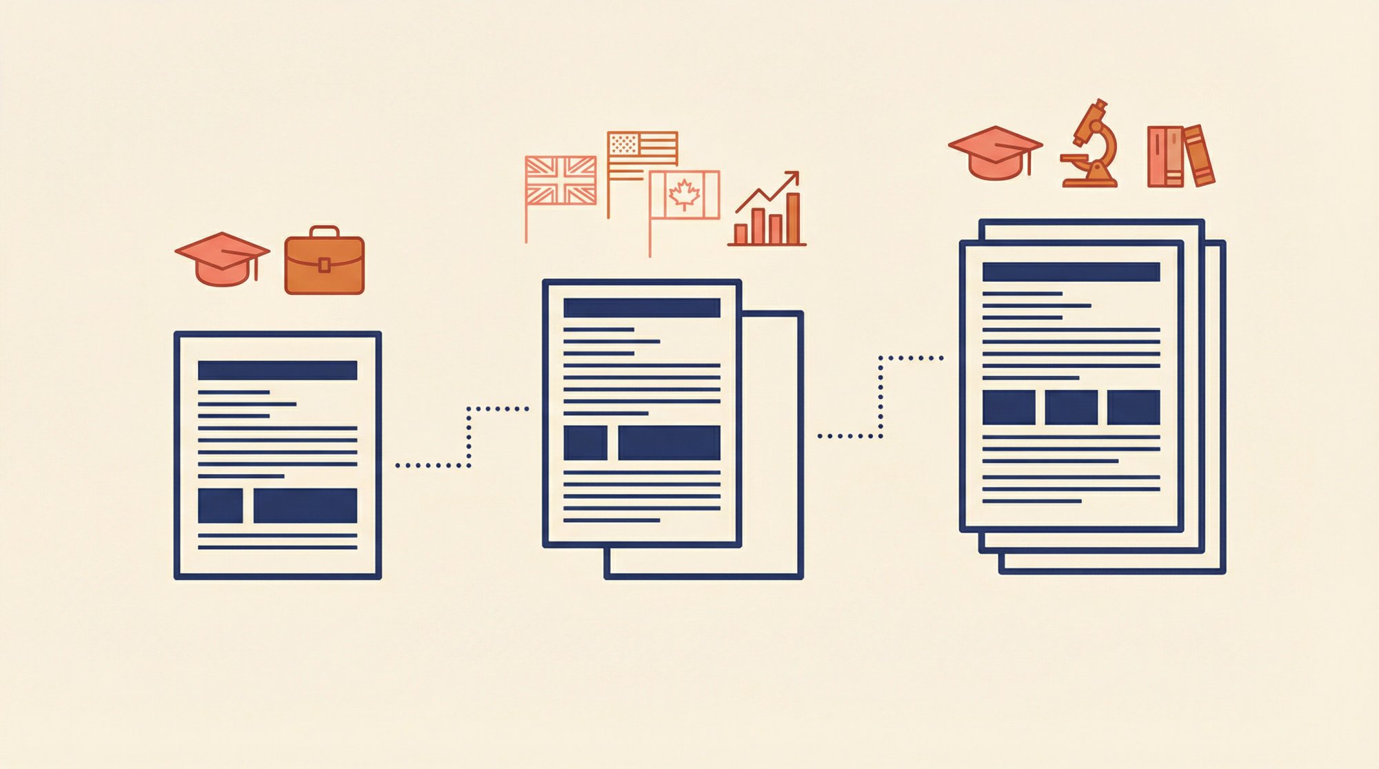 Visual guide showing CV length options from 1 to 3+ pages with decision factors by country, career stage, and role type