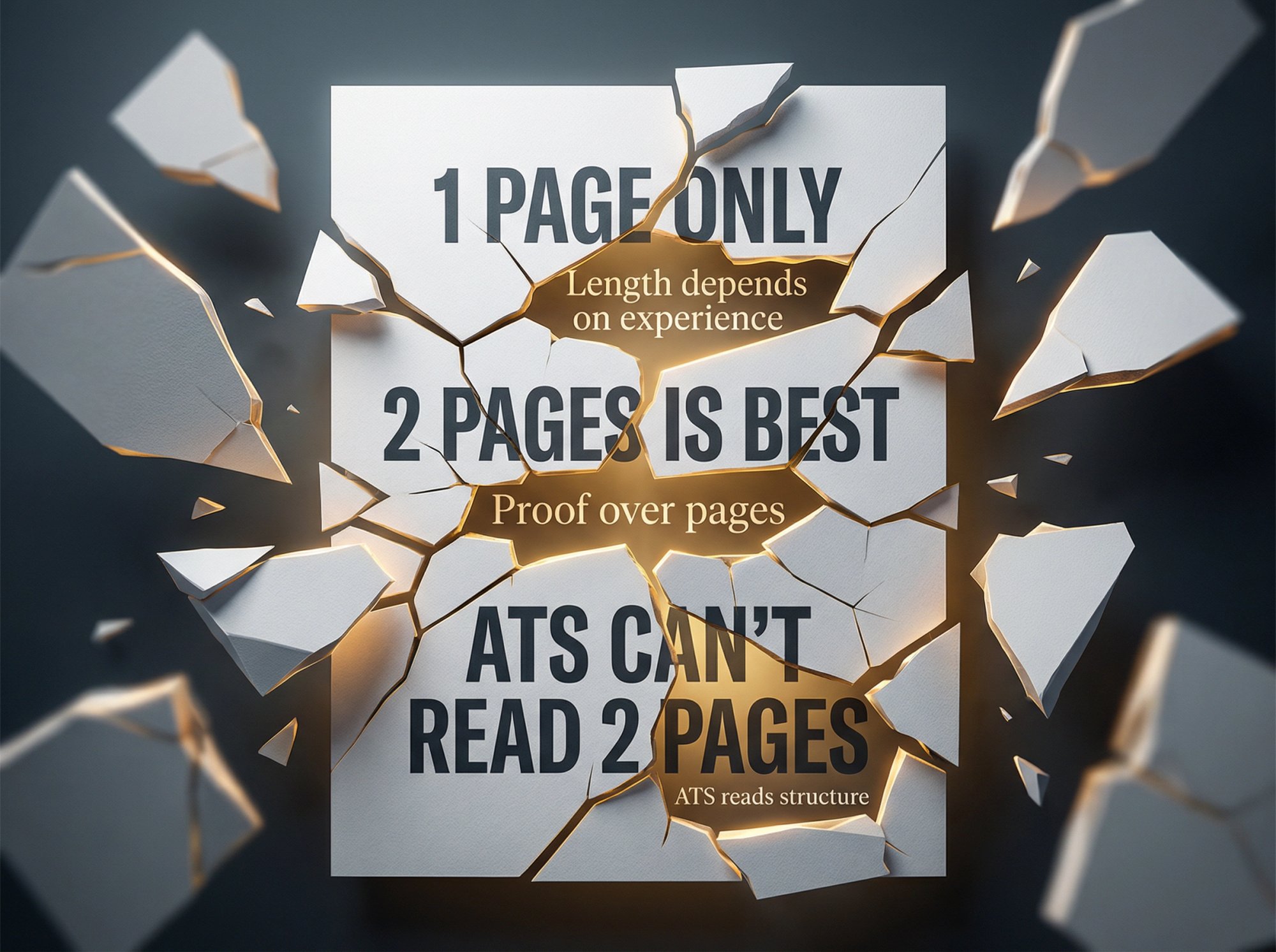 Visual representation of CV length myths being shattered to reveal evidence-based truth