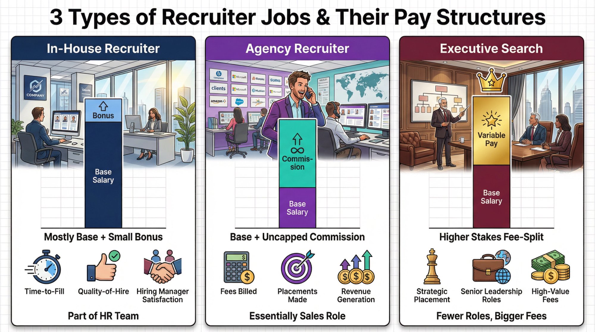 Visual comparison showing three recruiter types with different pay structures and compensation models