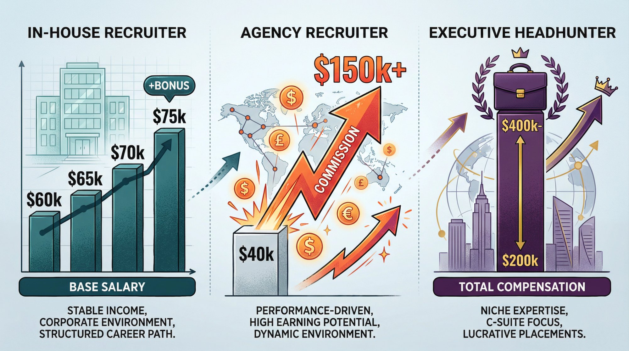Three-way salary comparison showing in-house recruiter, agency recruiter, and executive headhunter with different pay structures