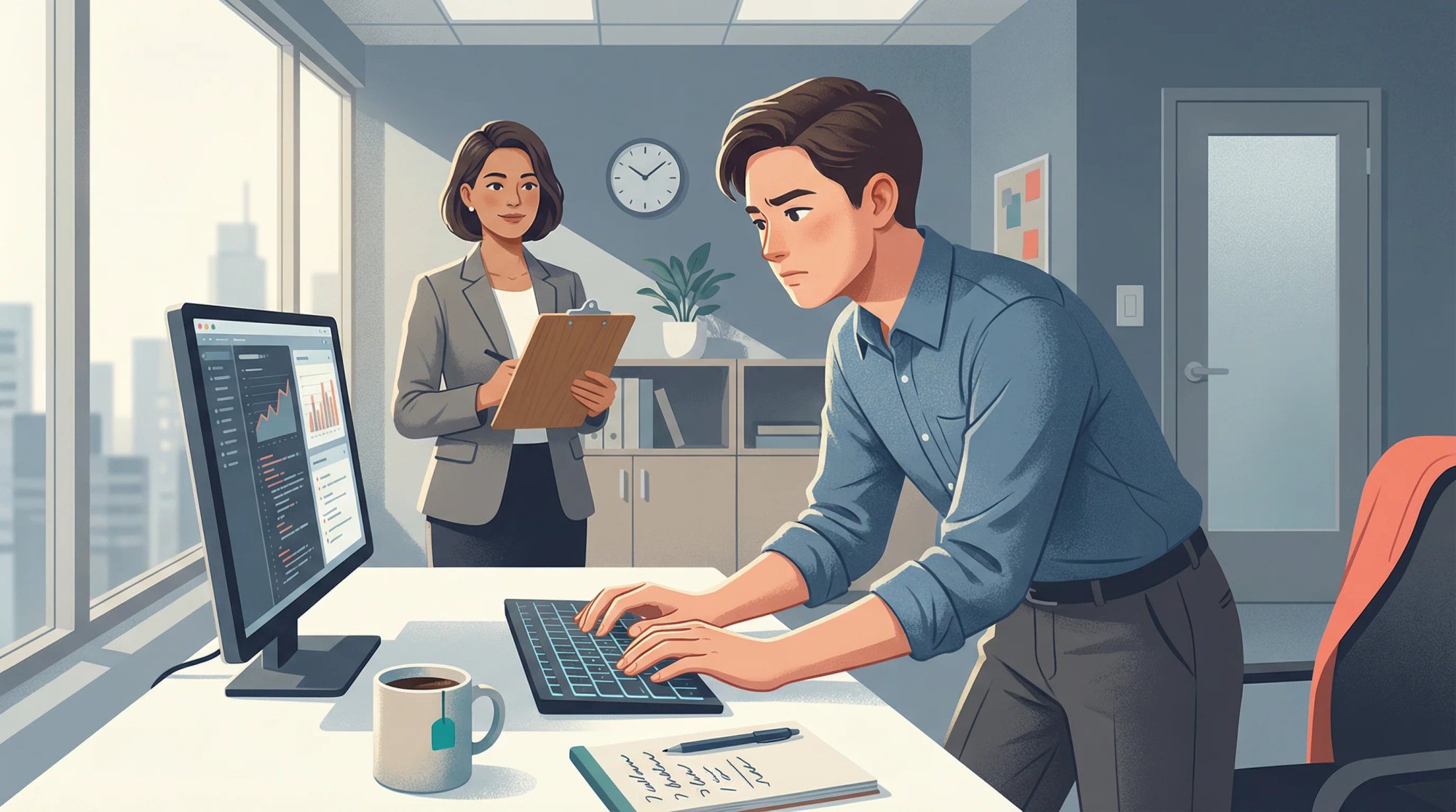 Job candidate performing actual work tasks while being observed by hiring manager during a working interview