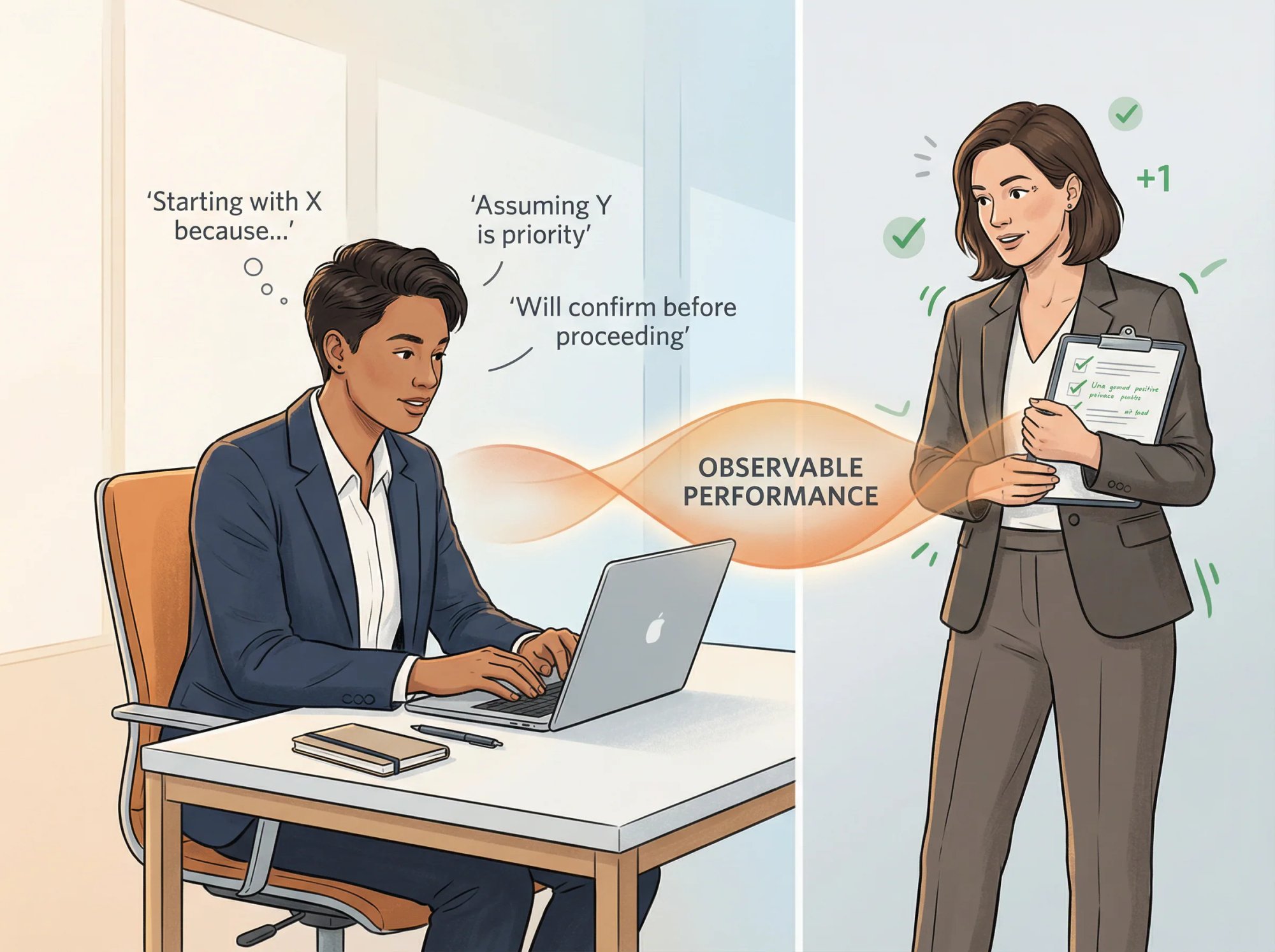 Professional candidate demonstrating excellence during working interview through visible communication and composure