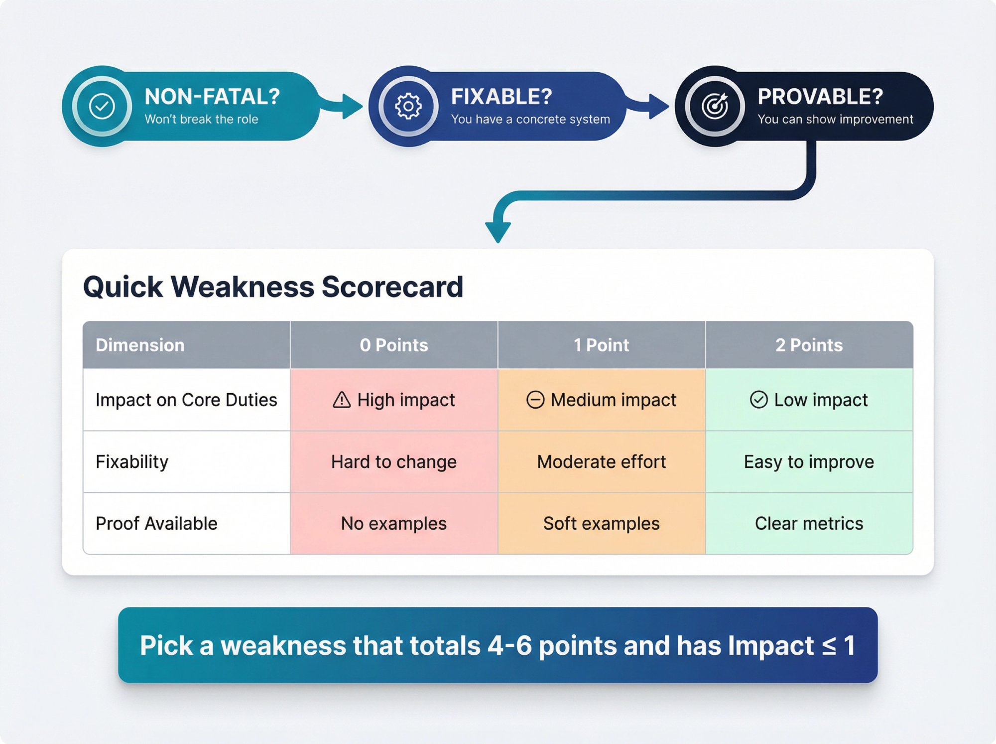 Visual decision framework showing three-filter system for choosing job interview weaknesses with scoring dimensions