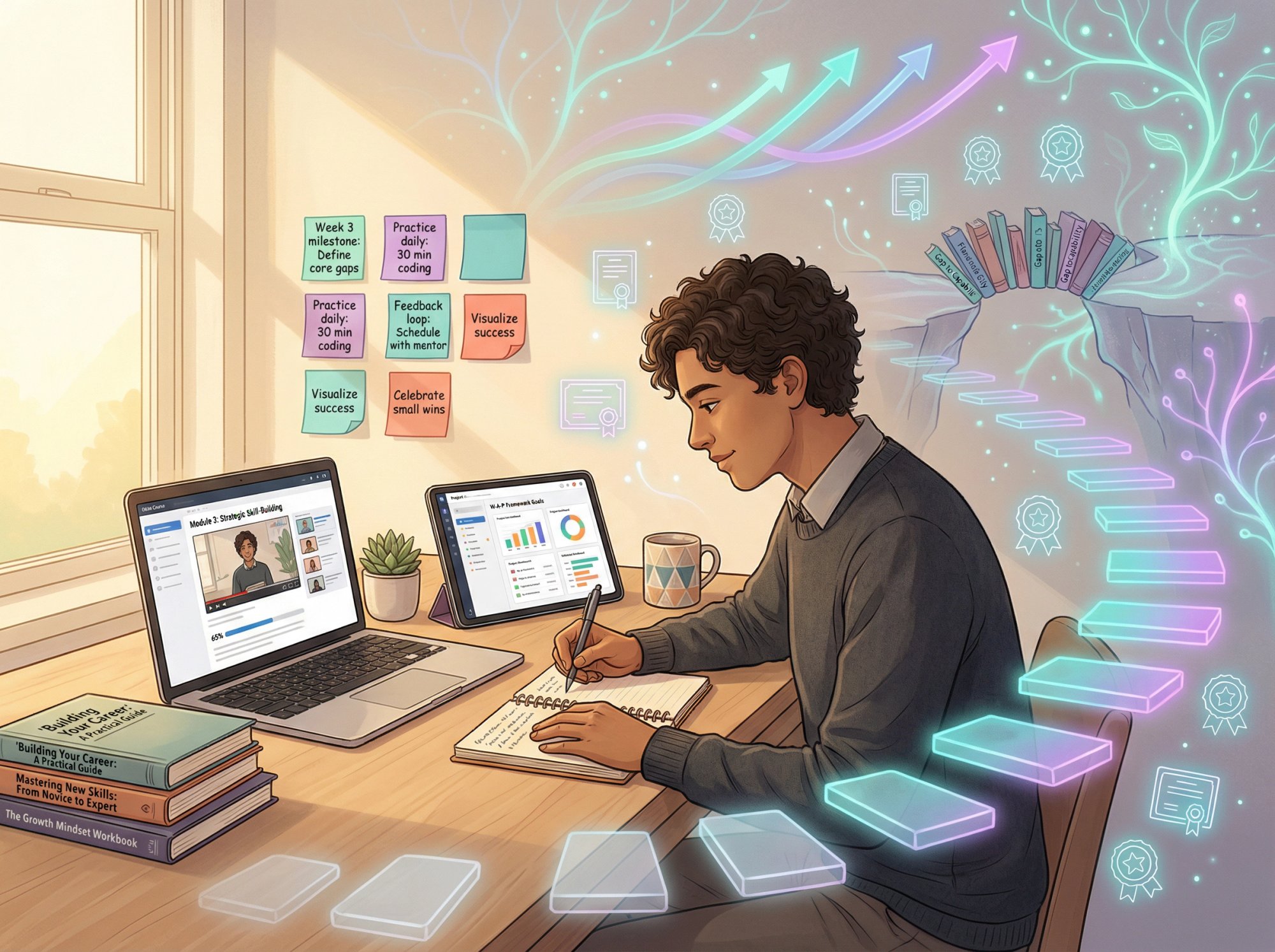 Professional actively building skills and managing growth through learning resources and structured improvement system