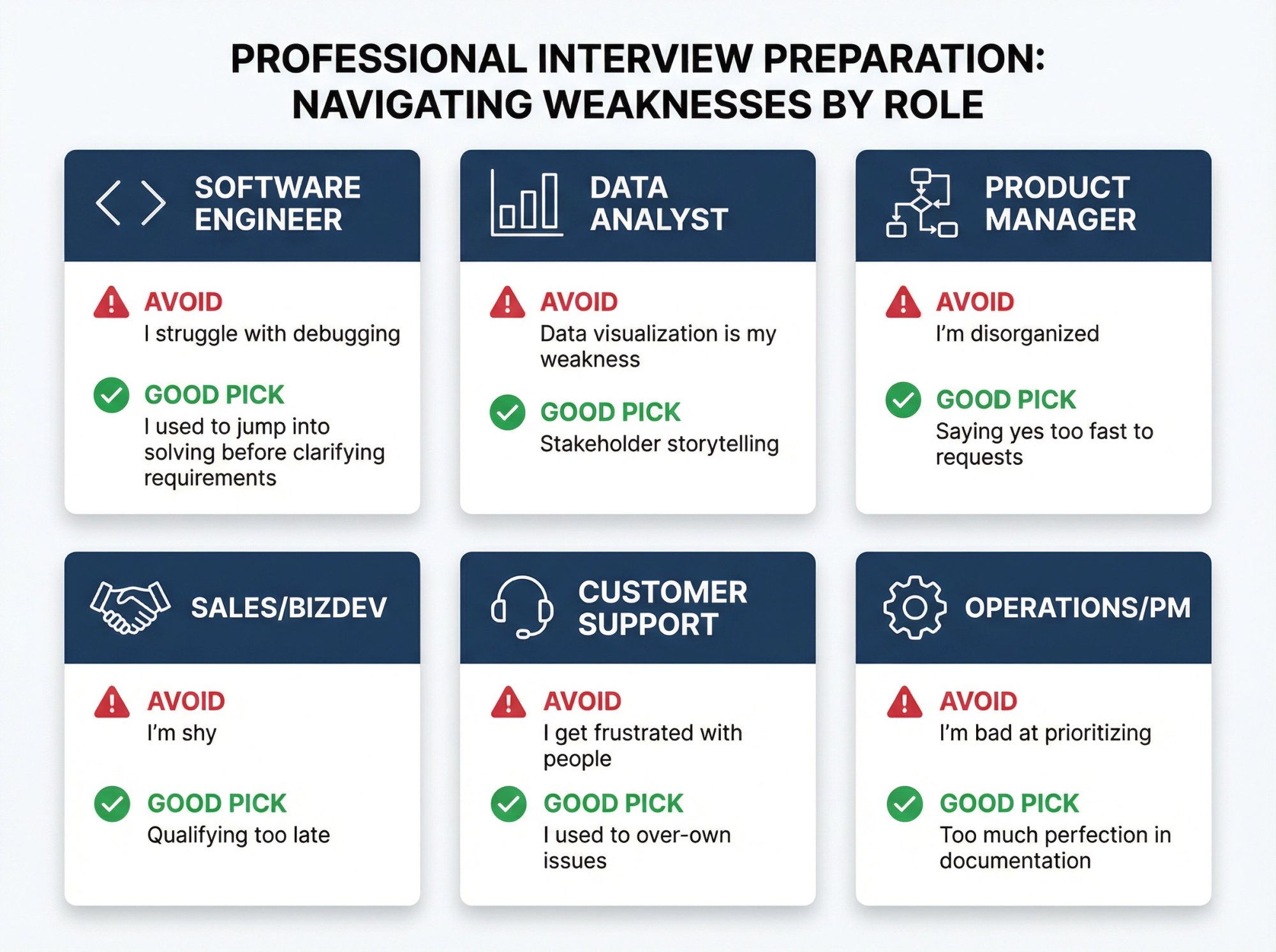 Six-panel grid showing safe weakness answers for different job roles including software engineer, data analyst, product manager, sales, customer support, and operations