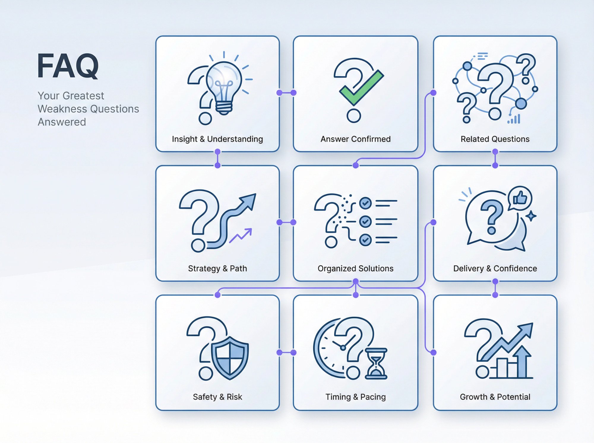 Organized grid showing common interview weakness questions with visual indicators for answers and guidance