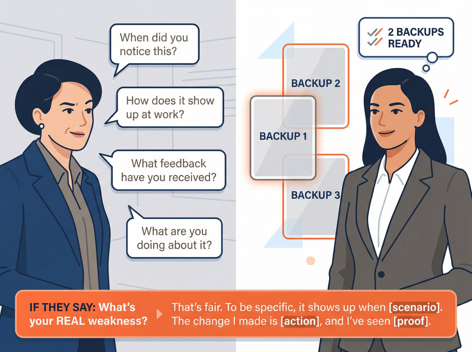 Split-panel illustration showing interviewer asking follow-up questions about weaknesses on left, prepared candidate with backup answers on right