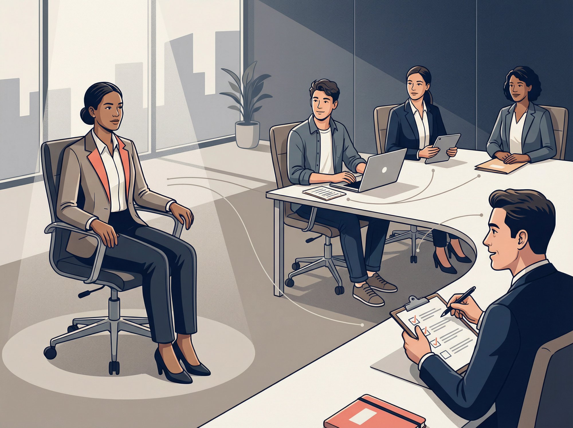 Editorial illustration showing one candidate facing multiple interviewers in a panel interview setup