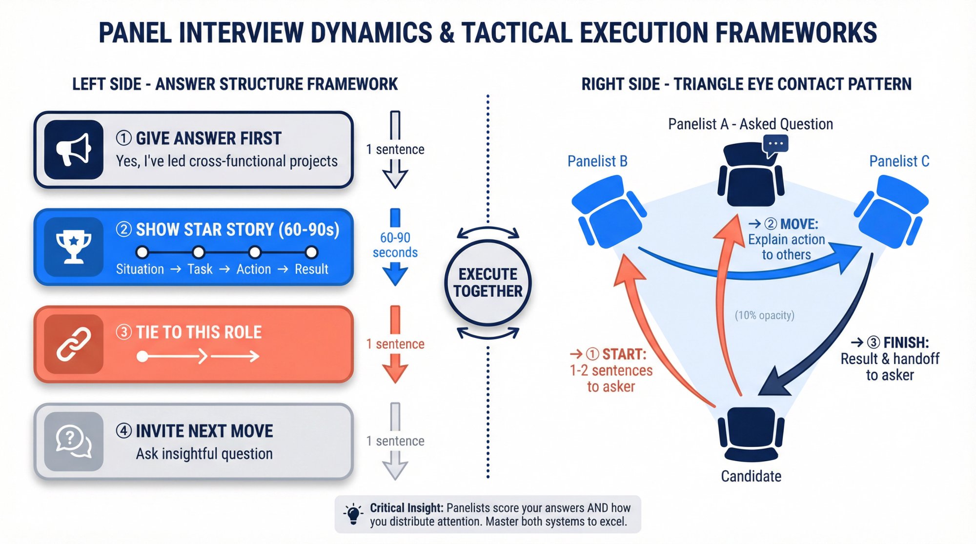 Panel interview tactical framework showing the Headline-Proof-Relevance-Handoff answer structure combined with triangle eye contact pattern across multiple interviewers