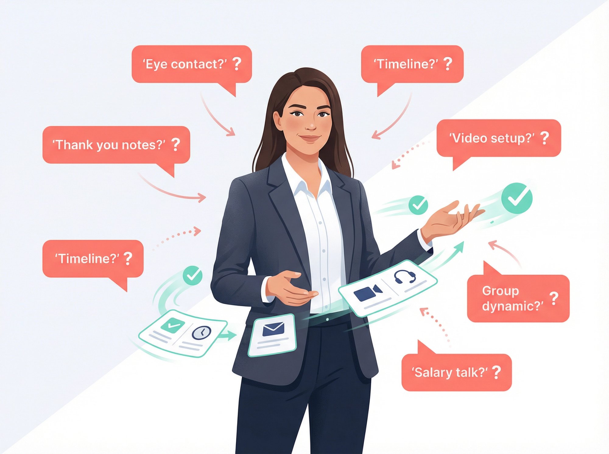 Professional candidate confidently navigating multiple panel interview questions with organized clarity