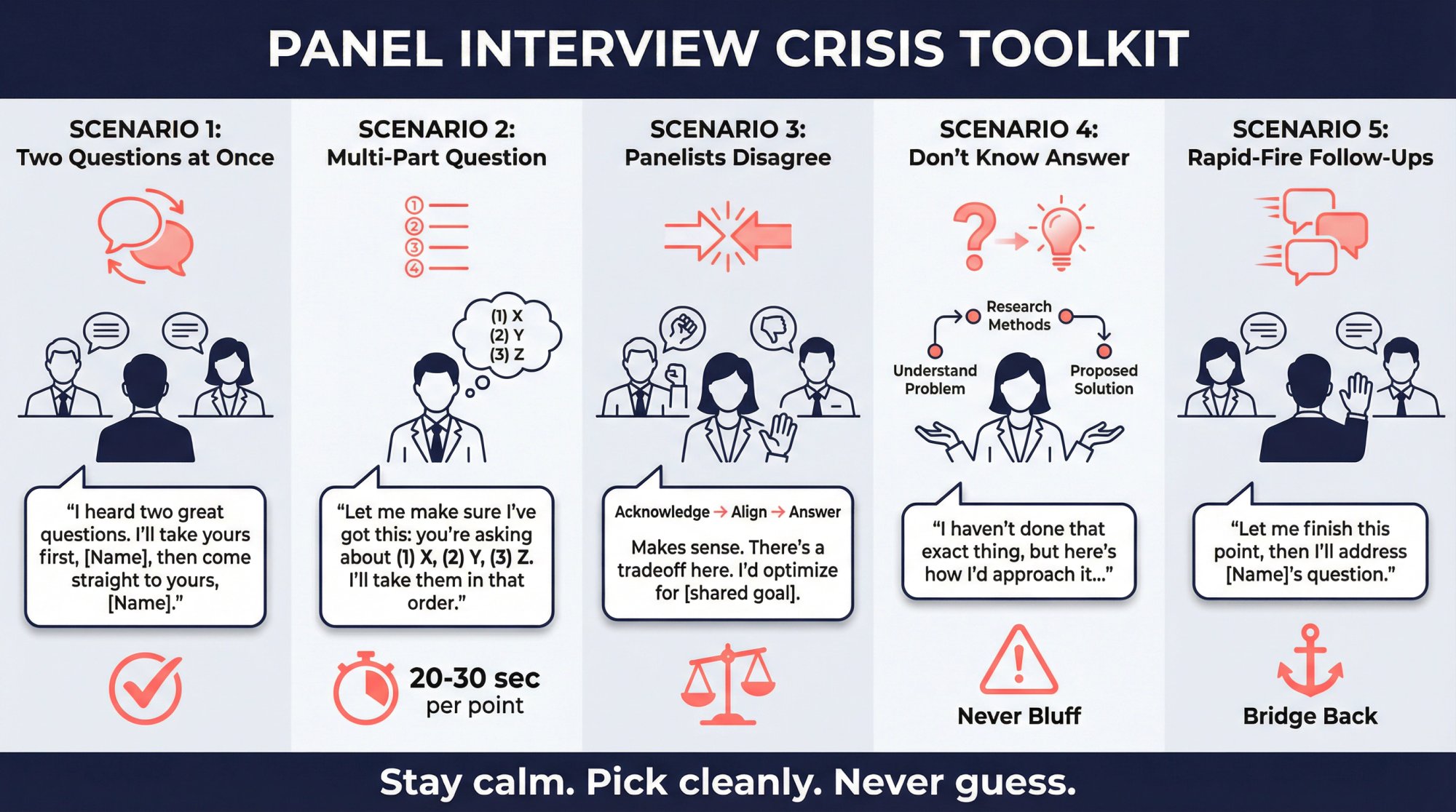 Five-panel tactical infographic showing real-time strategies for handling difficult panel interview scenarios with speech bubble scripts