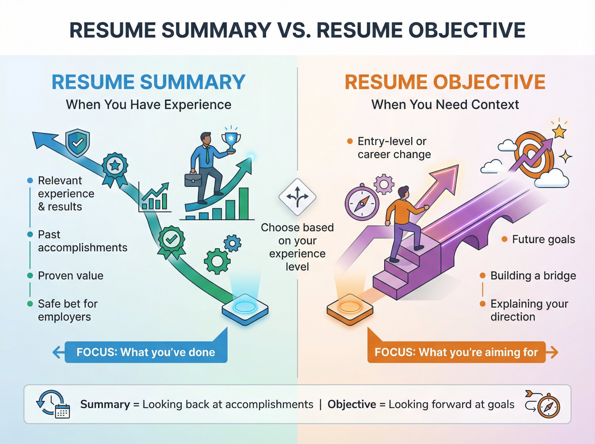 Side-by-side comparison infographic showing resume summary (past accomplishments) versus resume objective (future goals)
