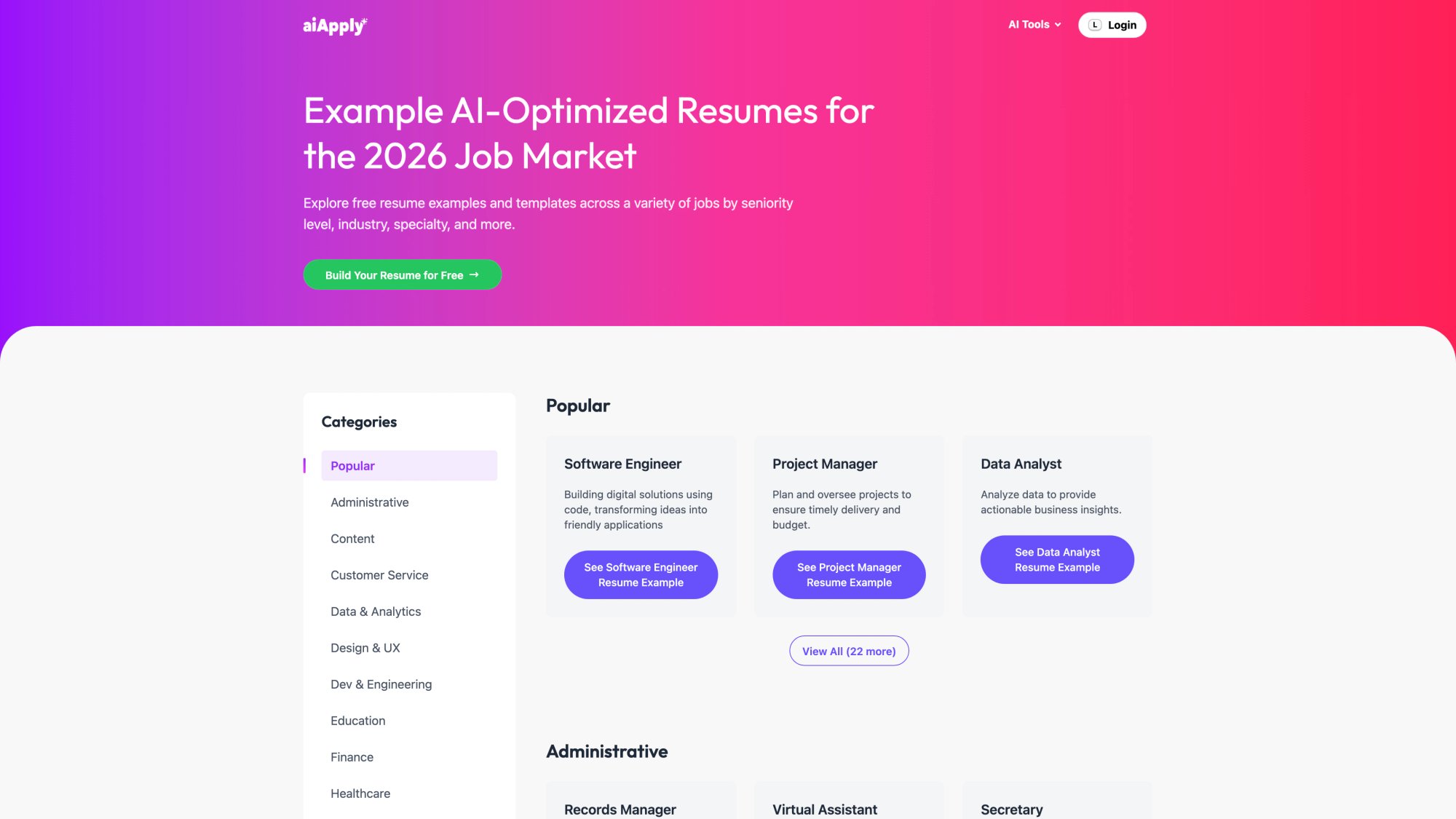 AIApply resume examples library showing grid of professional resume templates organized by career field and experience level