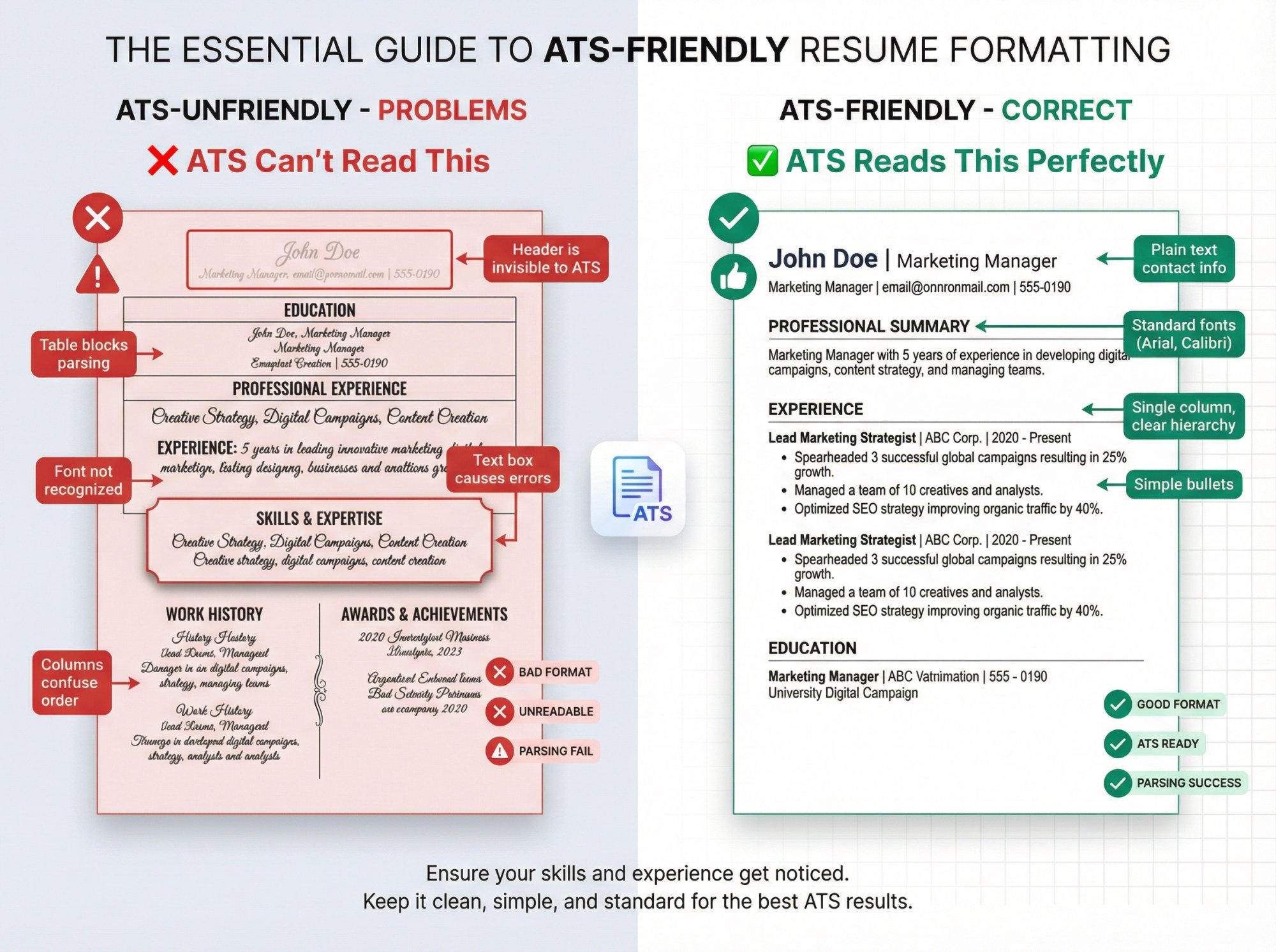 Side-by-side comparison of ATS-unfriendly vs. ATS-friendly resume formatting showing common mistakes