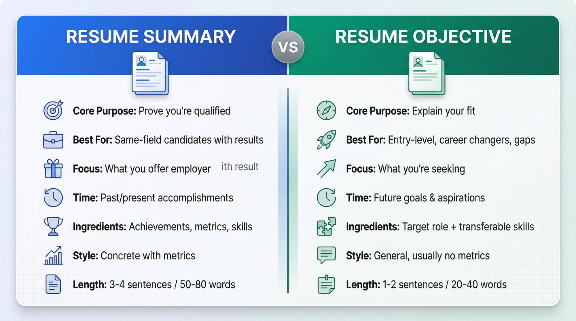 Side-by-side visual comparison of resume summary versus resume objective showing core differences in purpose, audience, focus, and format