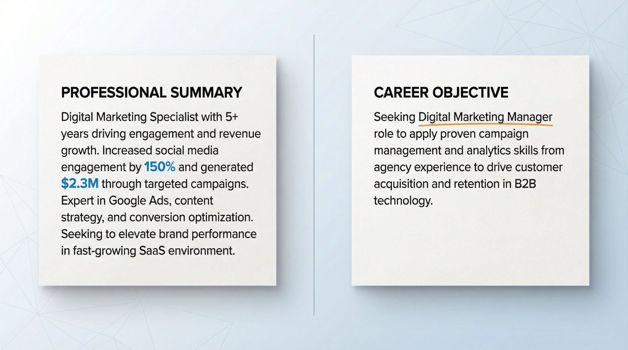 Split-screen comparison of professional resume summary vs career objective sections, showing format and content differences