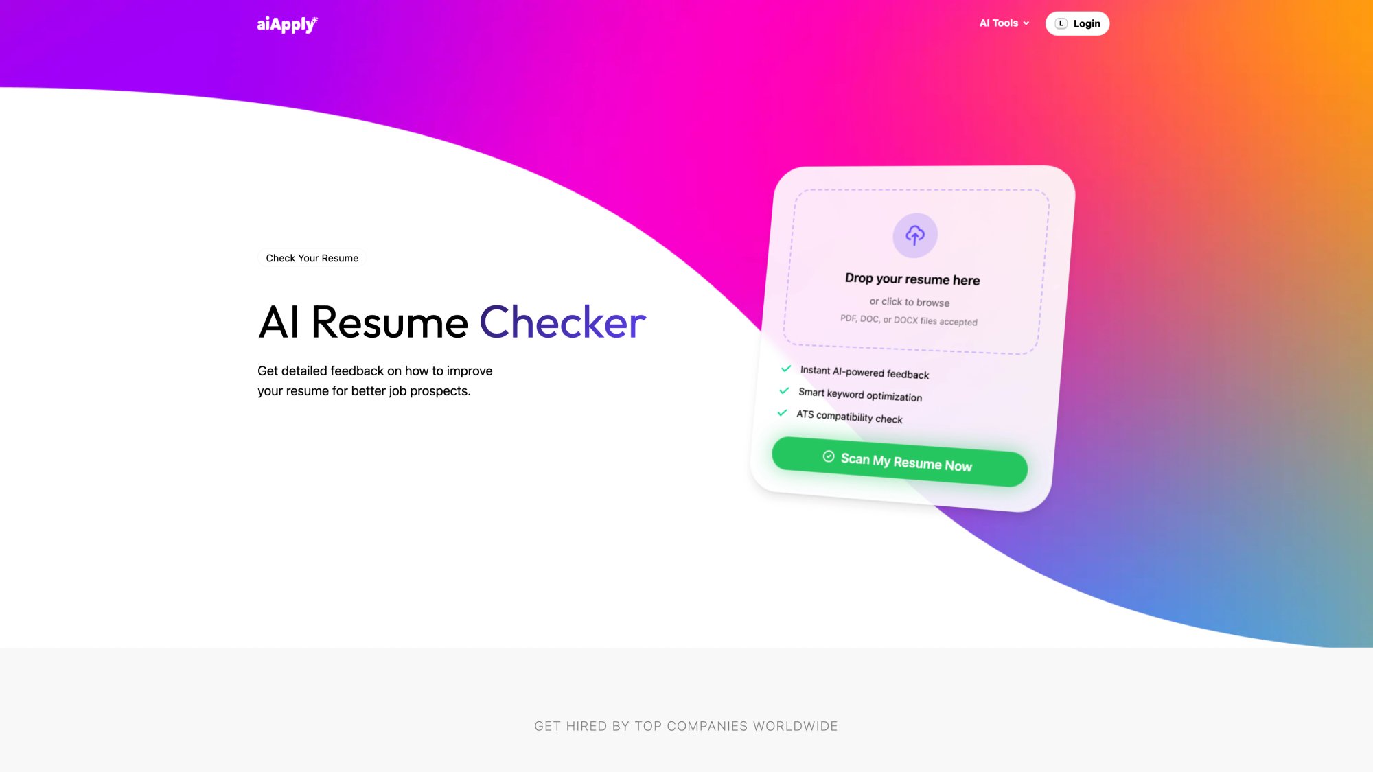 AIApply ATS Checker interface showing resume analysis dashboard with keyword match score, missing keywords list, and formatting recommendations