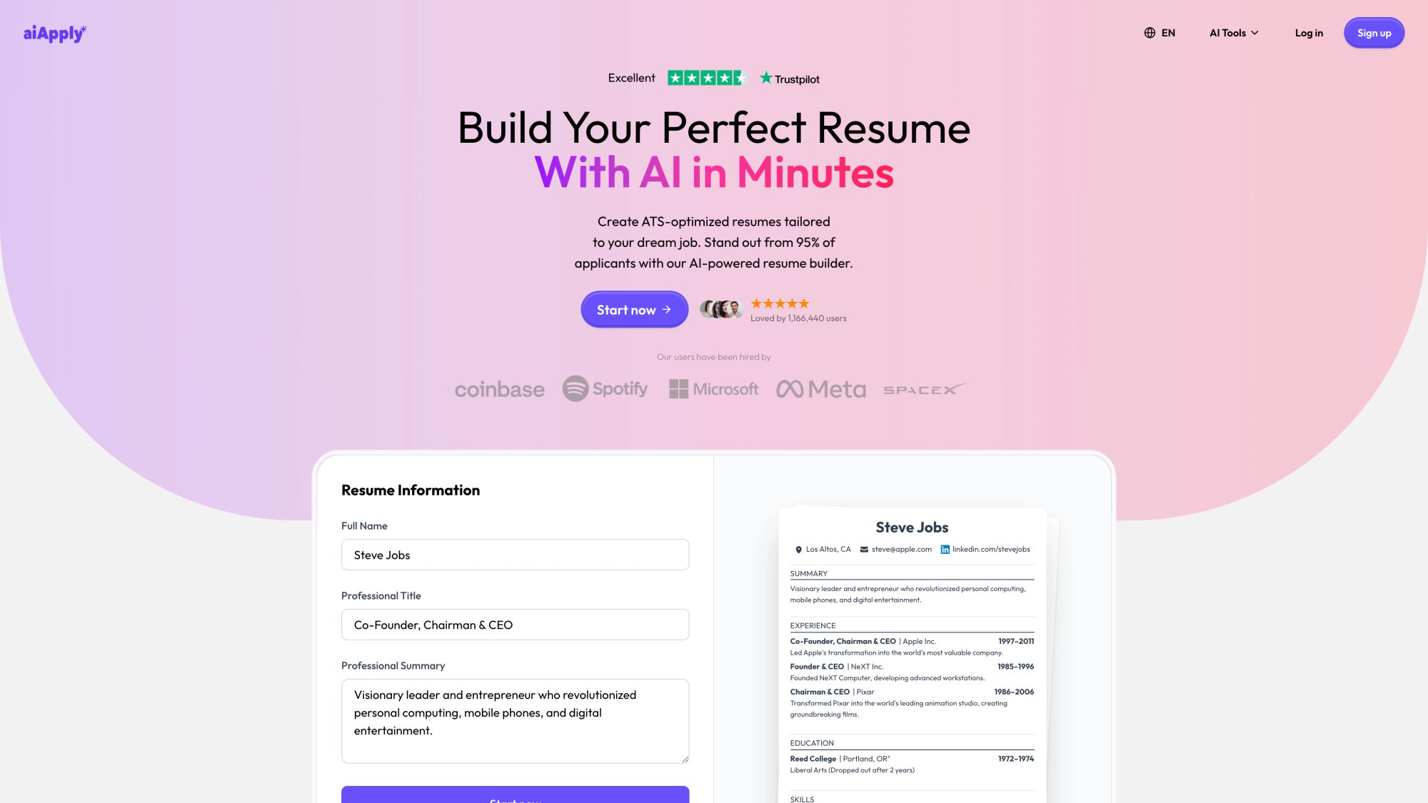 AIApply Resume Builder showing the AI-powered resume creation interface with ATS-optimized templates and real-time preview