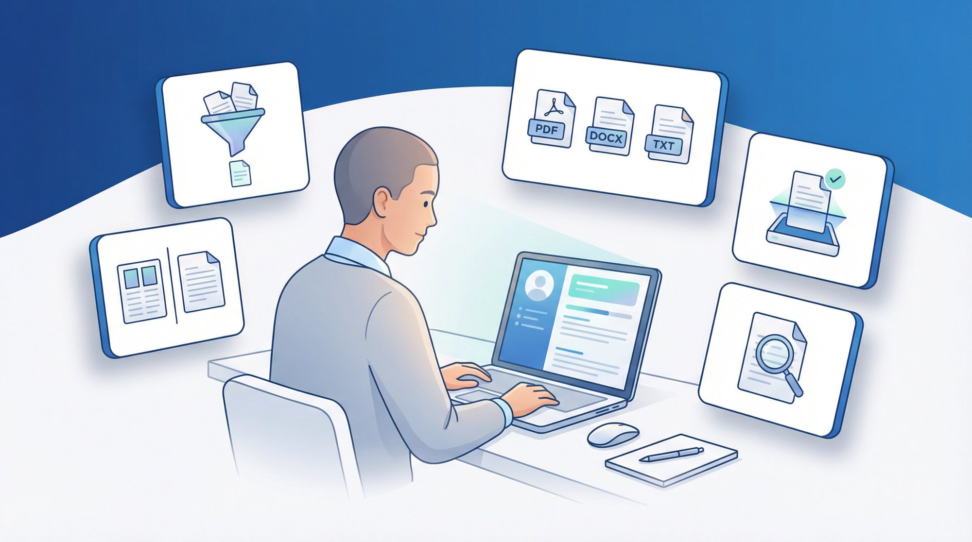 Editorial illustration of a job seeker surrounded by floating FAQ answer cards about resume building, ATS, and file formats