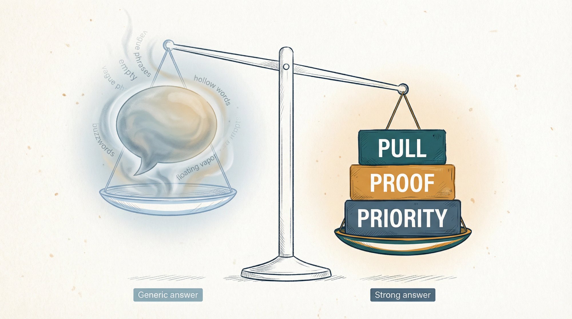 Editorial illustration of a balance scale comparing a generic interview answer on the left versus a specific Pull, Proof, Priority answer on the right