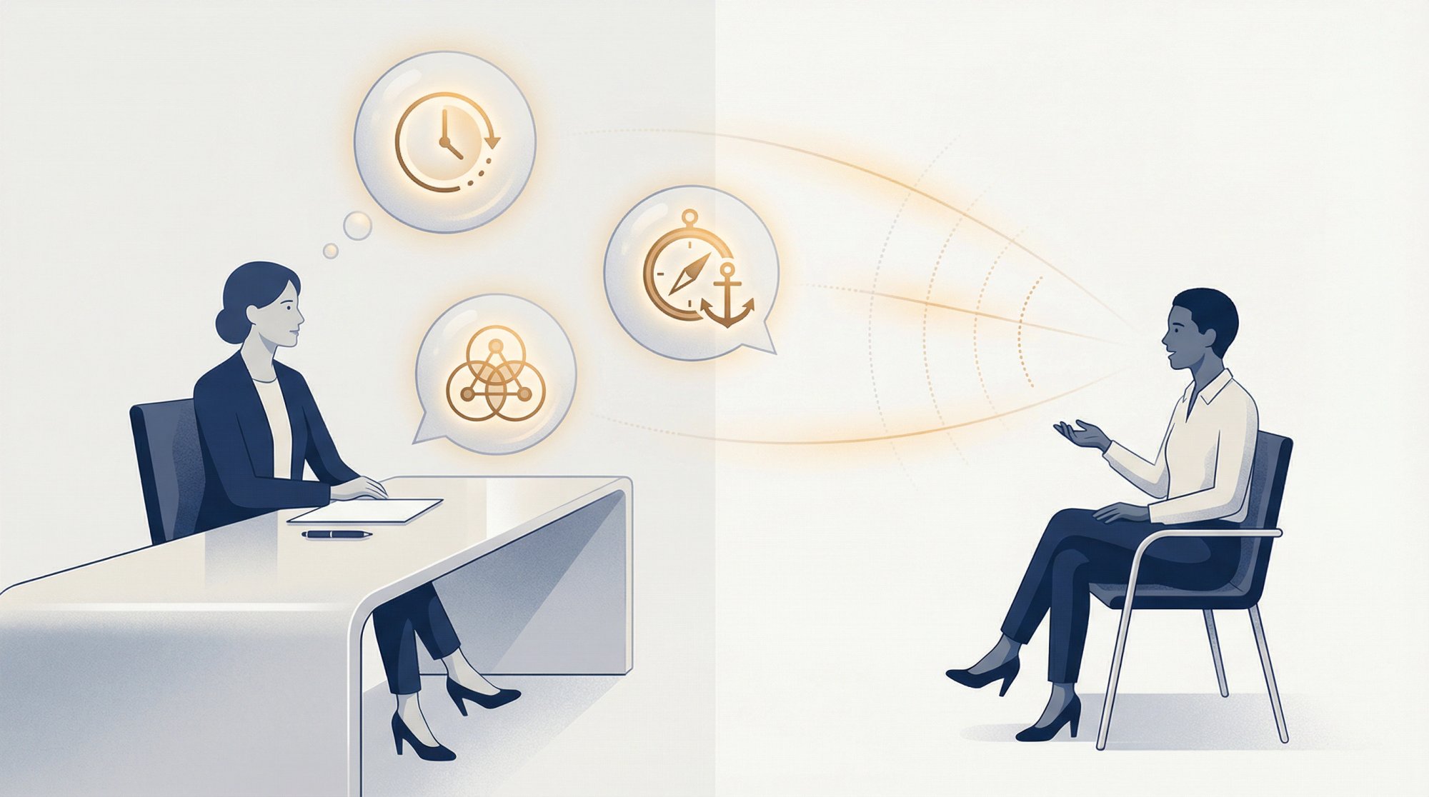 Illustration of a hiring manager evaluating three hidden dimensions while a candidate answers an interview question