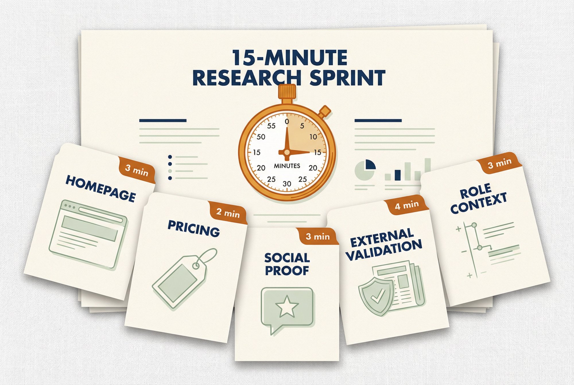 Flat-lay editorial illustration of a 15-minute interview research dossier showing five labeled intelligence tabs with time allocations