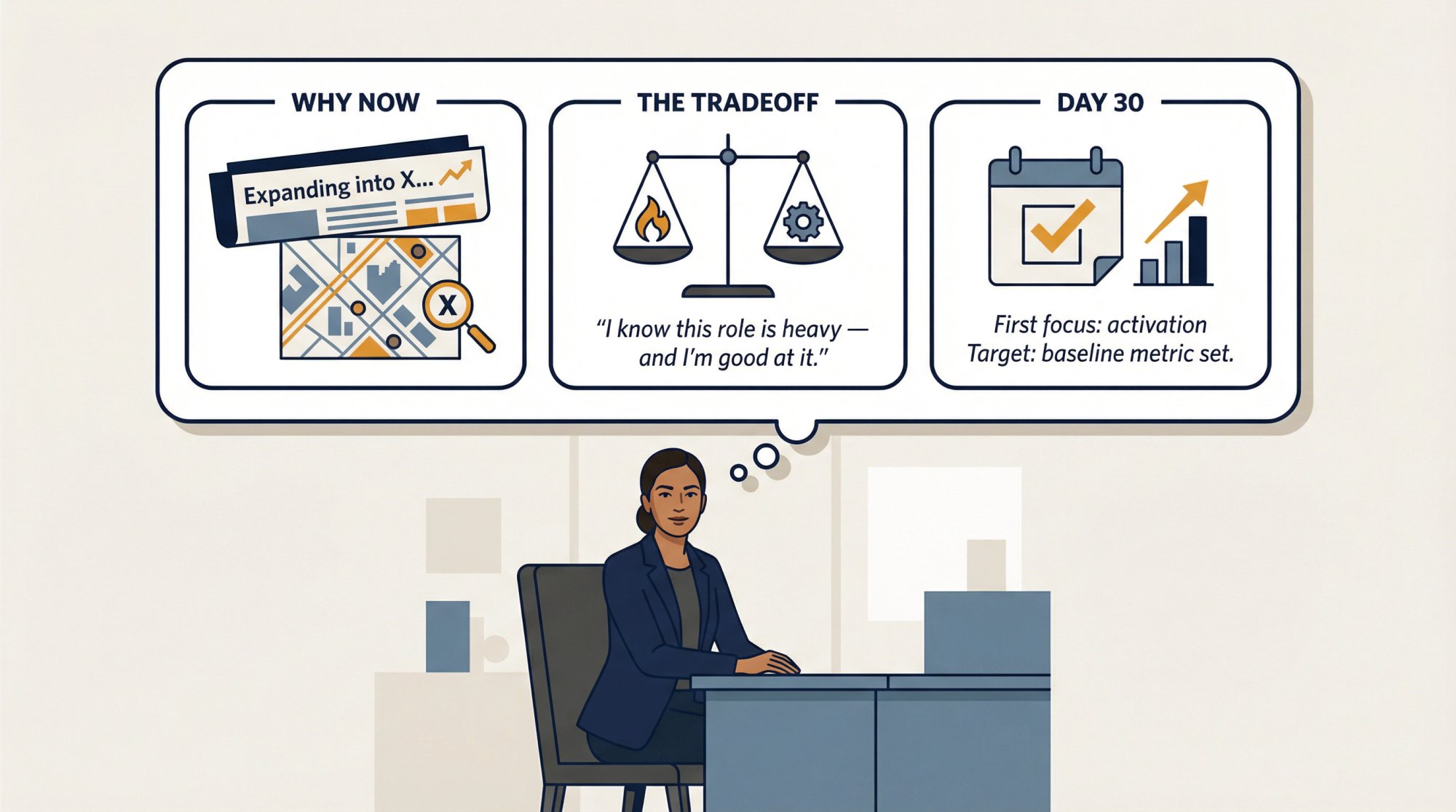 Editorial illustration of a job candidate at an interview desk with a thought bubble showing three distinct insight zones: why now, the tradeoff sentence, and a 30-day plan