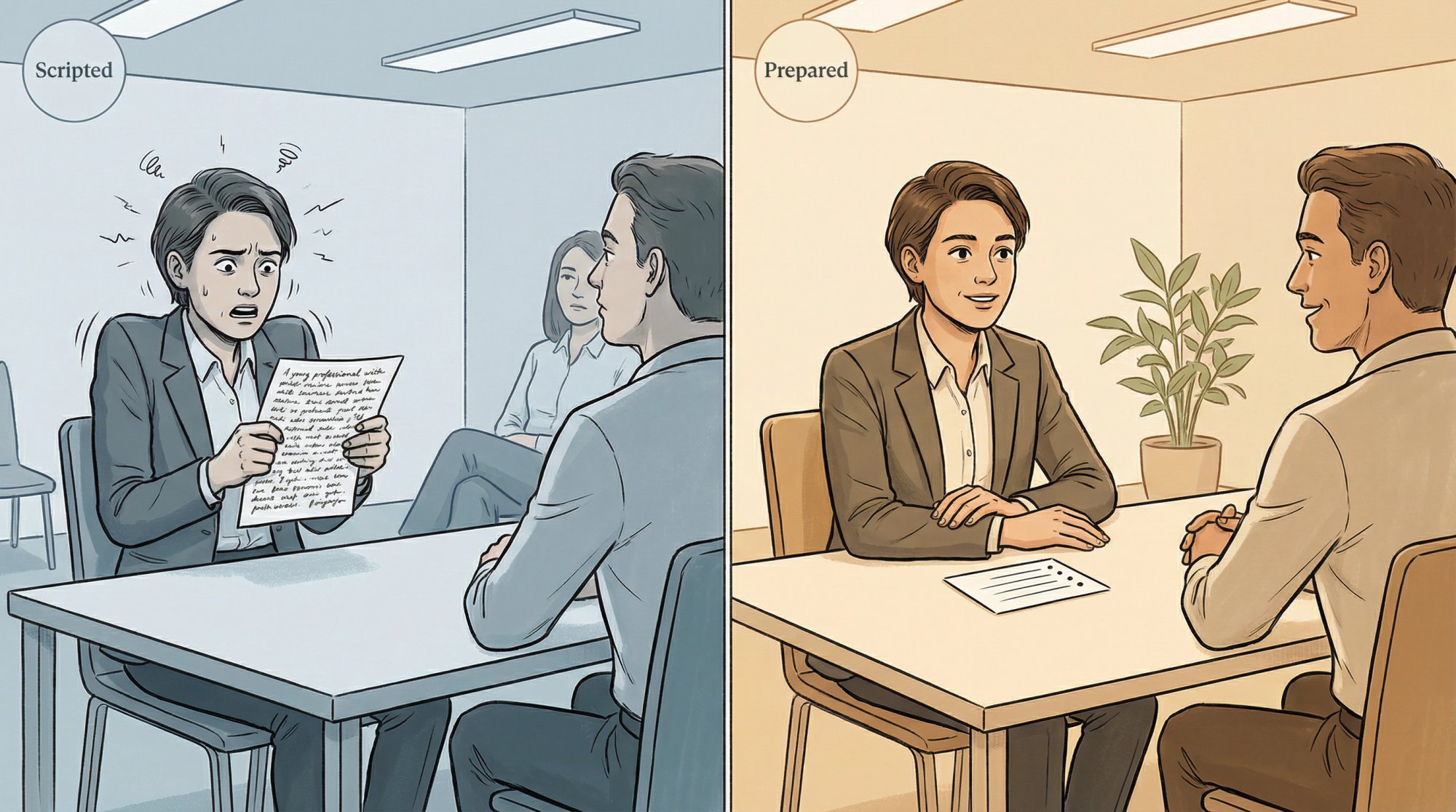 Split-panel illustration: anxious scripted candidate vs. calm bullet-point-prepared candidate in a job interview setting