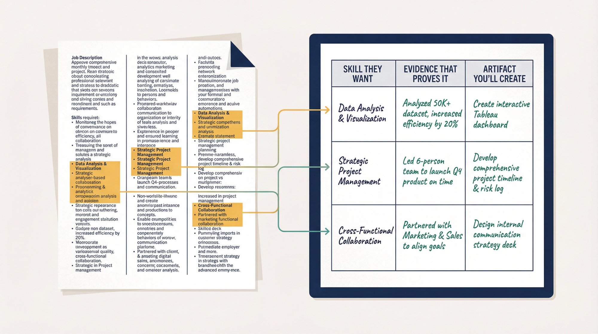 Editorial illustration of a job description being strategically decoded into a three-column proof map with skill requirements highlighted