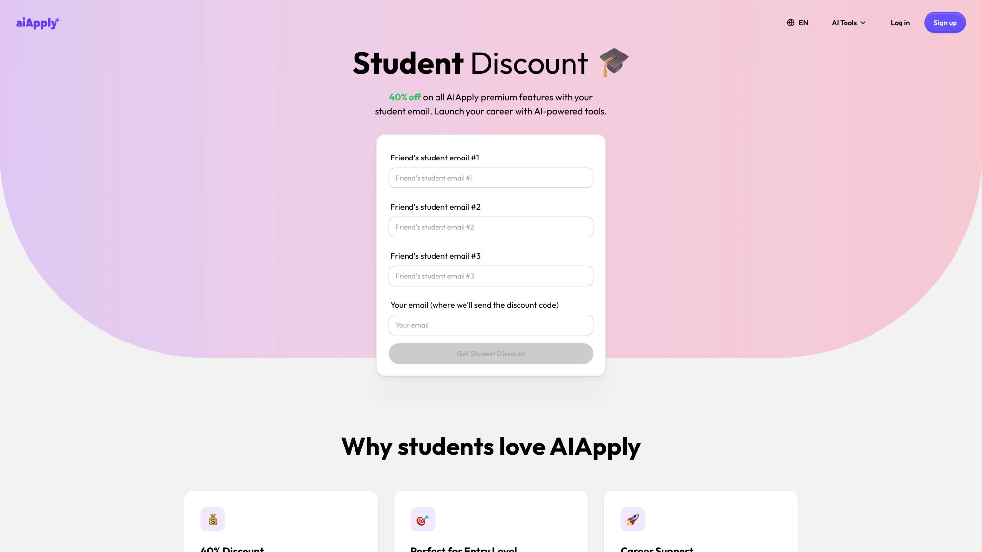 AIApply Students page offering 40% discount on all premium features for students using their university email address