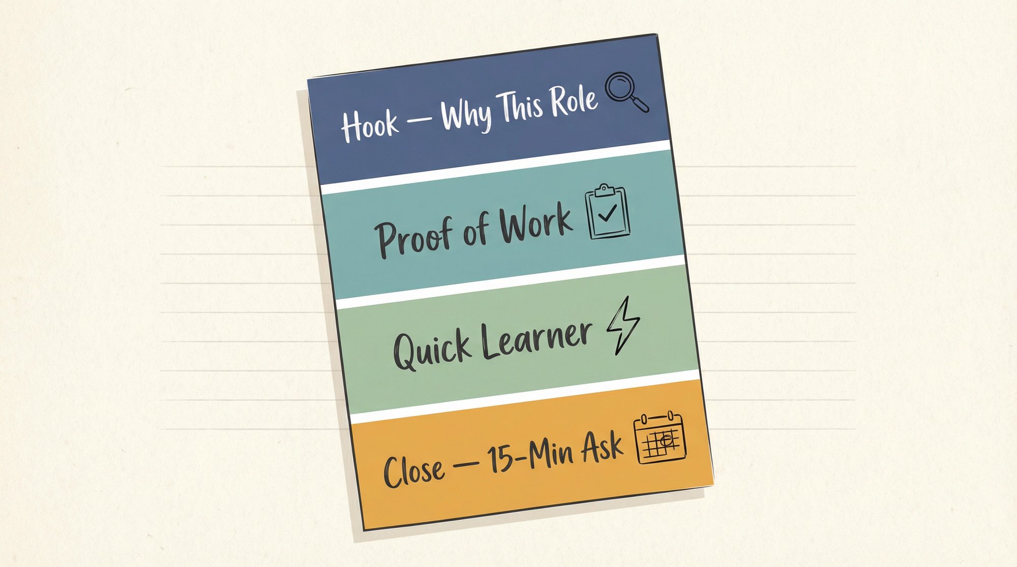 Four-paragraph cover letter structure diagram for job seekers with no experience, showing Hook, Proof of Work, Quick Learner, and Close sections