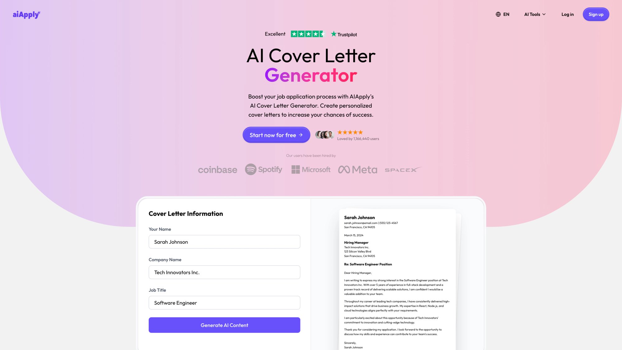 AIApply AI Cover Letter Generator showing cover letter creation form and live preview for Software Engineer position at Tech Innovators Inc.