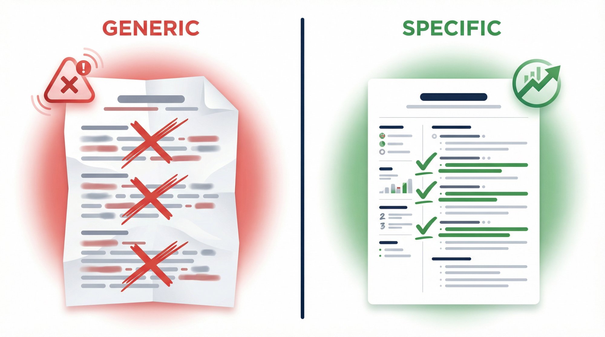 Split-panel editorial illustration contrasting a generic AI-written application with red crossed-out clichés versus a specific, evidence-backed application with green checkmarks