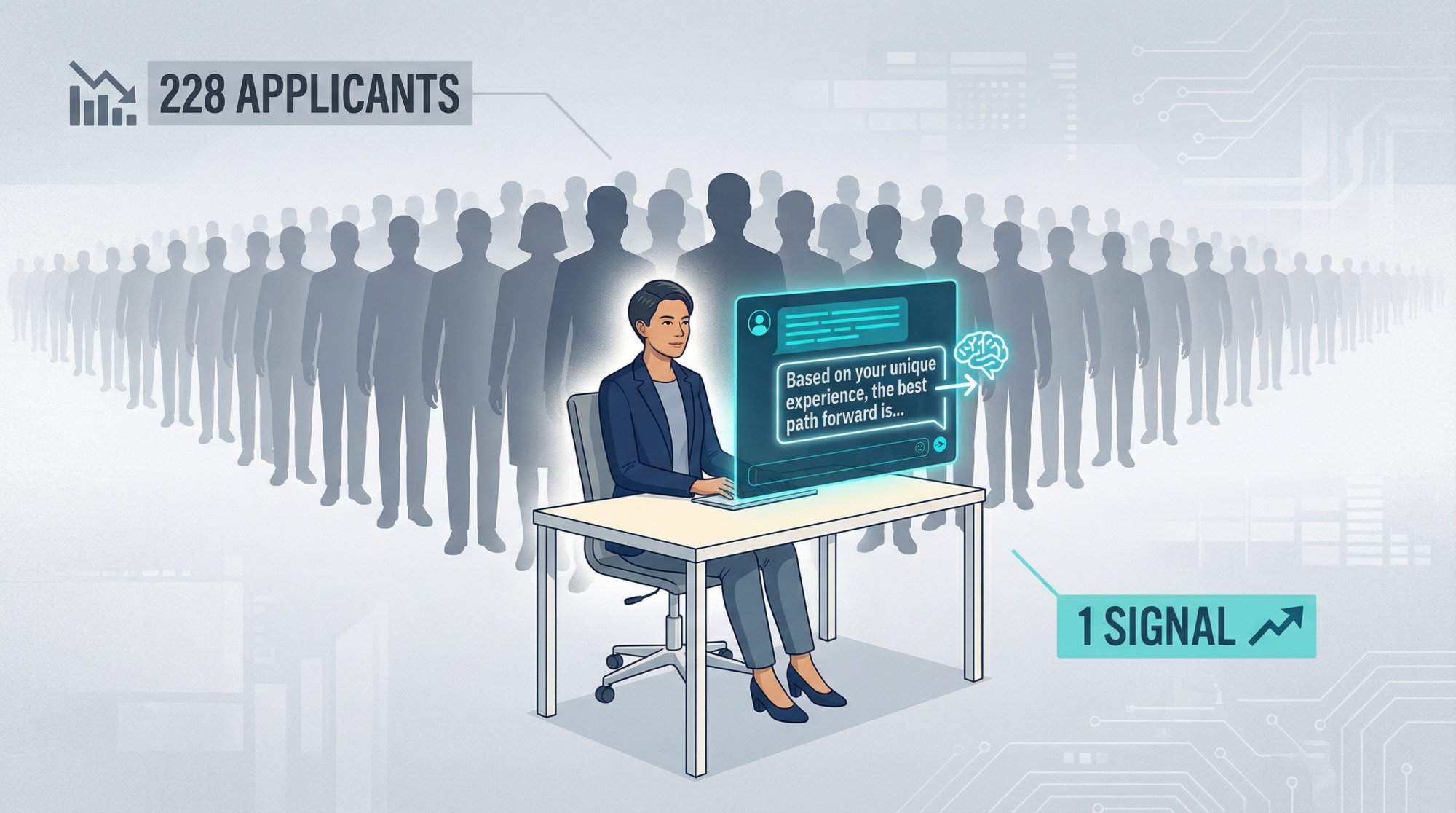One focused professional using AI to stand out among 228 gray silhouette applicants in a modern job market illustration
