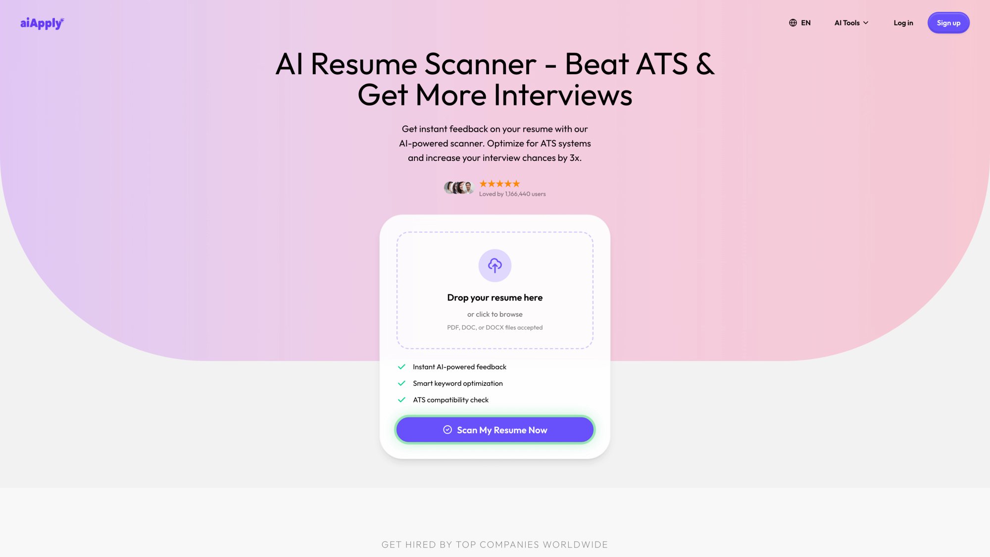 AIApply AI Resume Scanner showing drag-and-drop resume upload interface with ATS compatibility check and keyword optimization