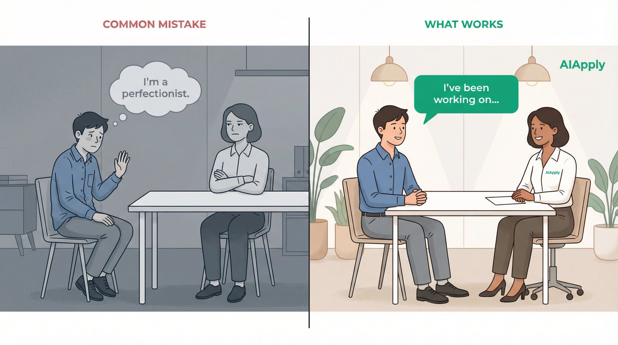 Split editorial illustration: panicked job candidate on the left vs confident self-aware candidate on the right in a job interview