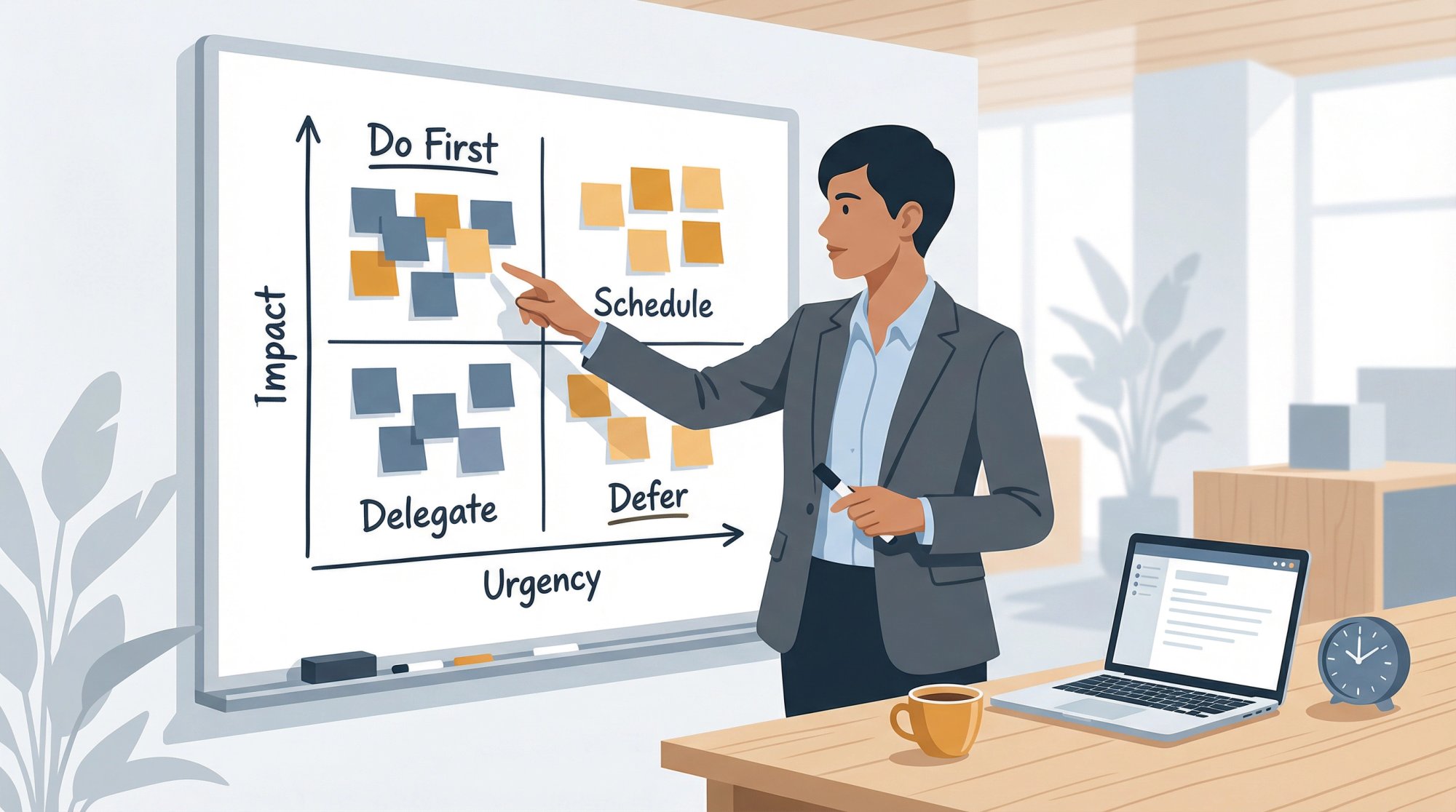 Professional at a whiteboard mapping a priority matrix with impact and urgency axes, sticky notes showing tasks, clock on wall