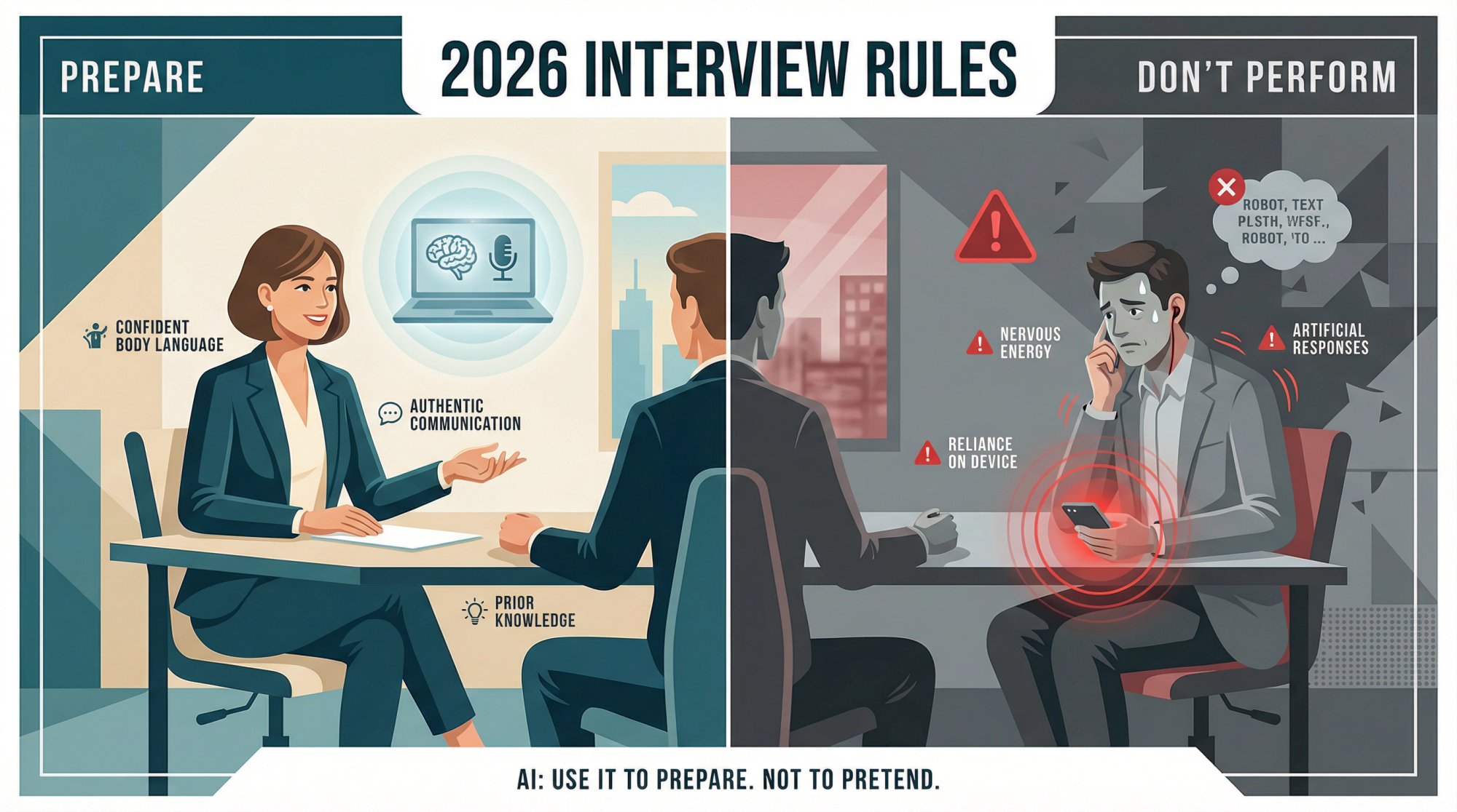 Split editorial showing right vs wrong AI use: authentic interview preparation on left, real-time AI dependency on right