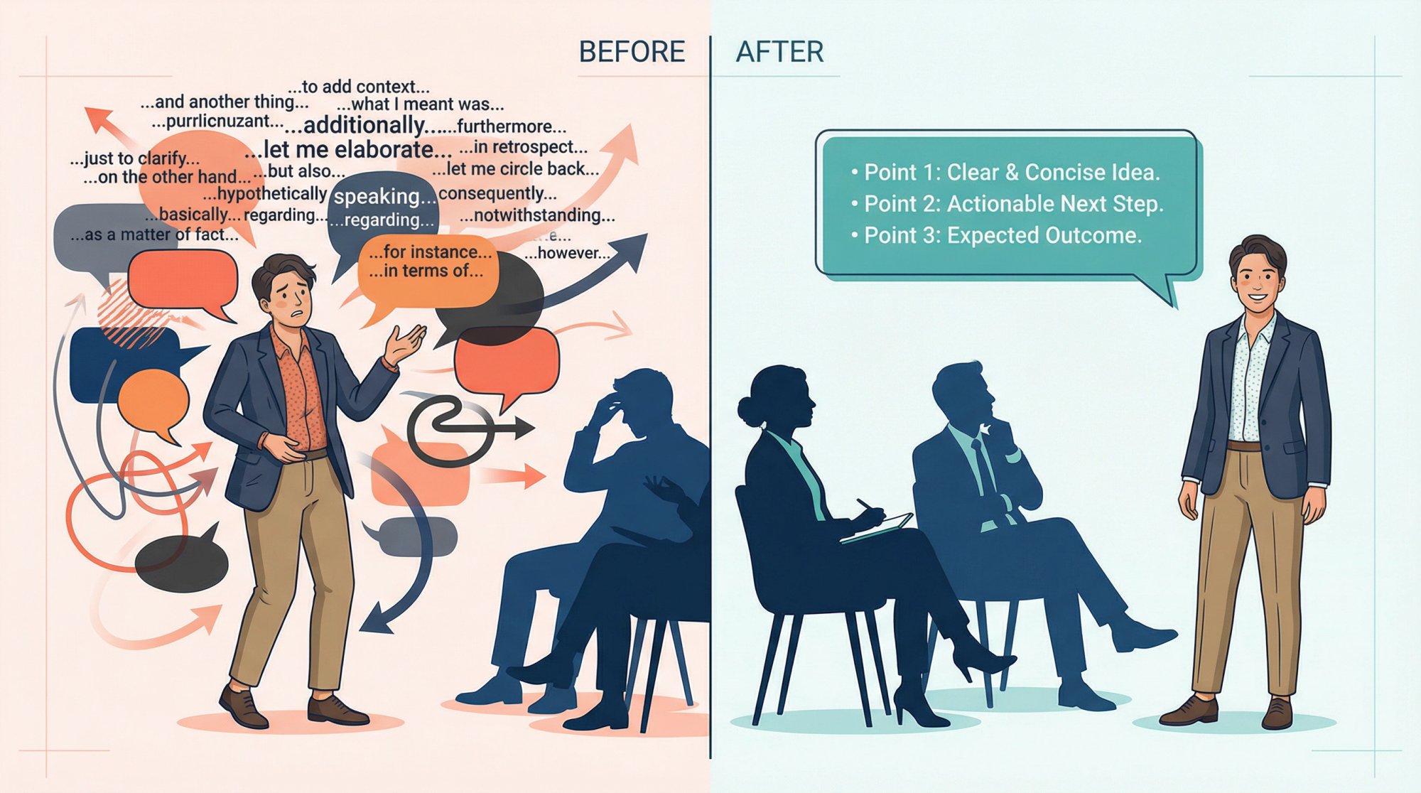 Split-panel illustration showing communication weakness transformation: cluttered speech bubbles on the left, clear confident communication on the right