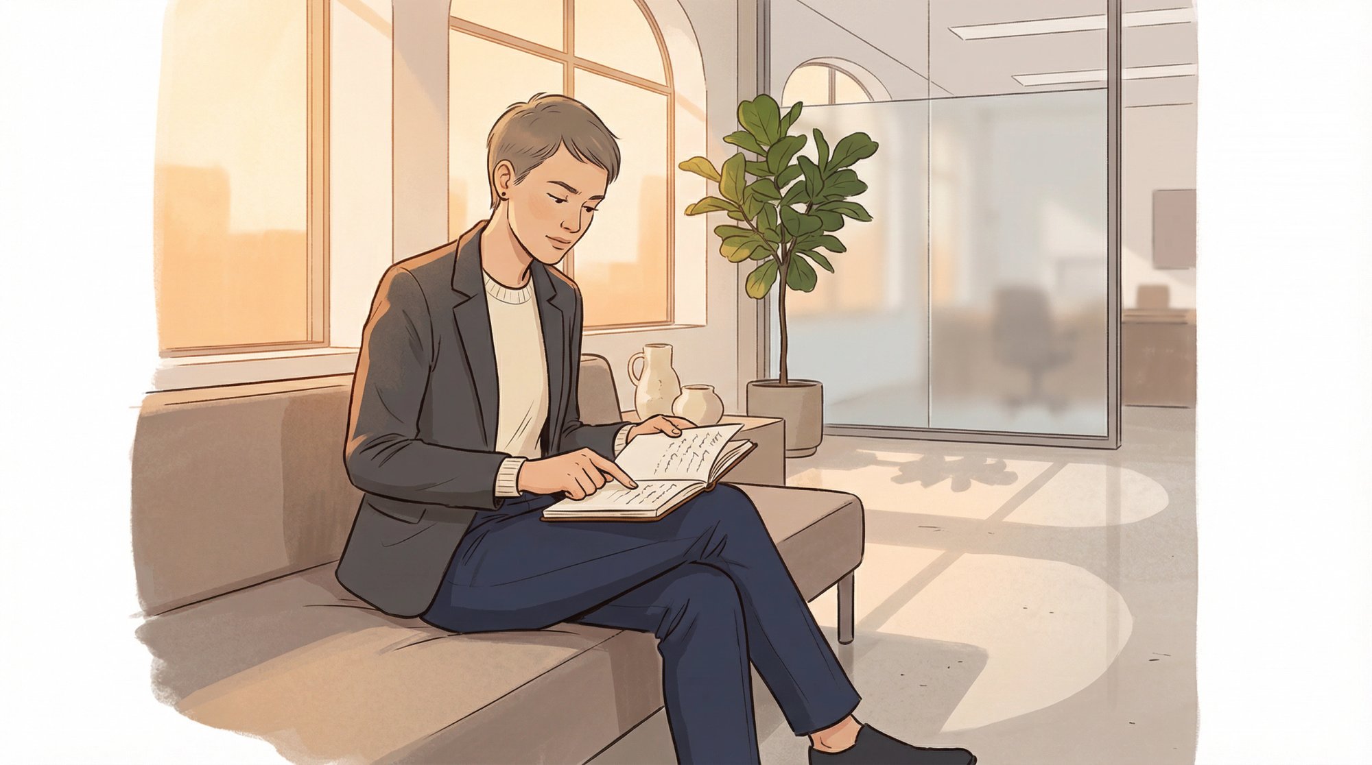 Professional candidate calmly reviewing interview notes in a modern waiting area, expressing quiet confidence before an interview