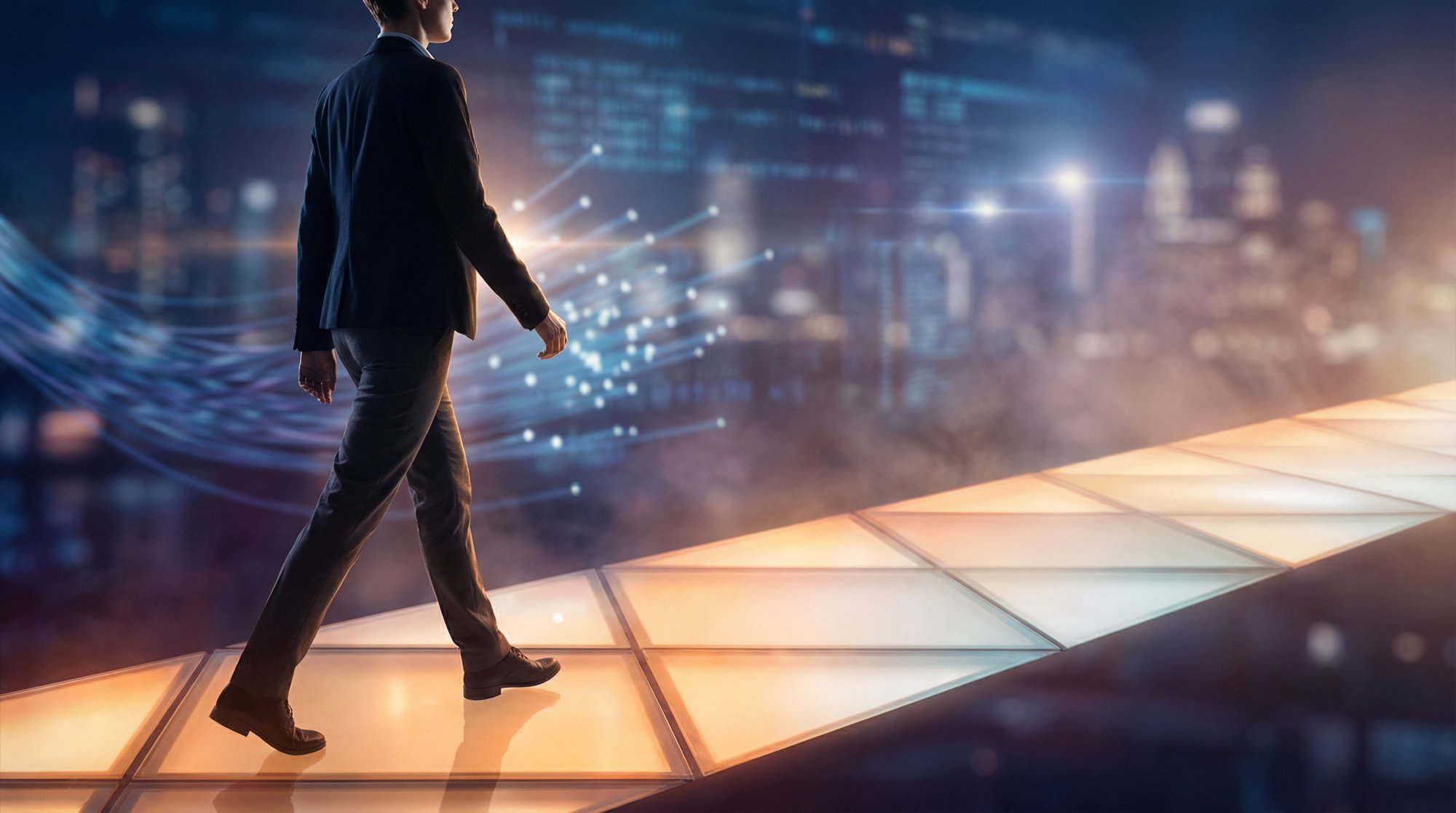 Empowering visual showing a determined professional walking forward on a clear, illuminated pathway toward remote career success