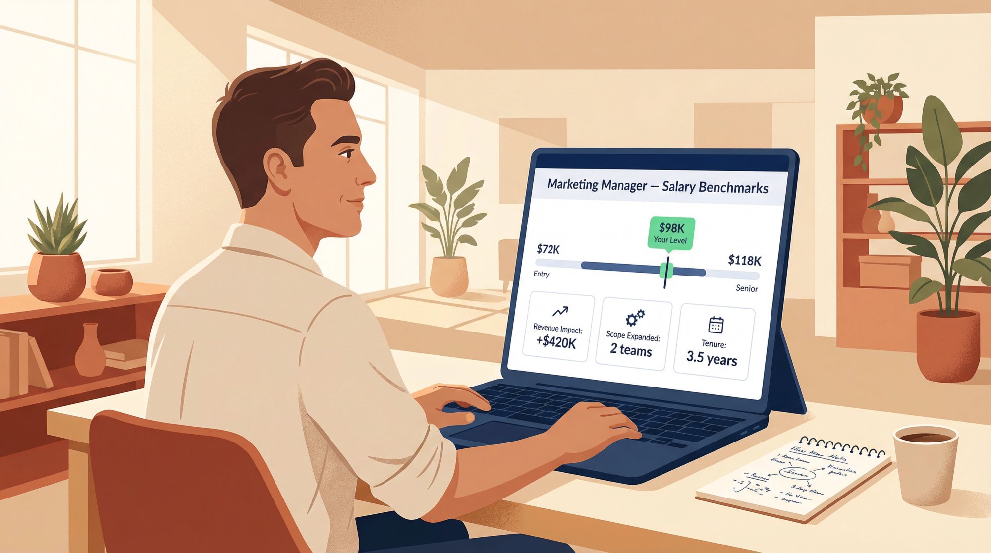 Professional reviewing salary benchmark data on a laptop dashboard before a raise calibration conversation with their manager